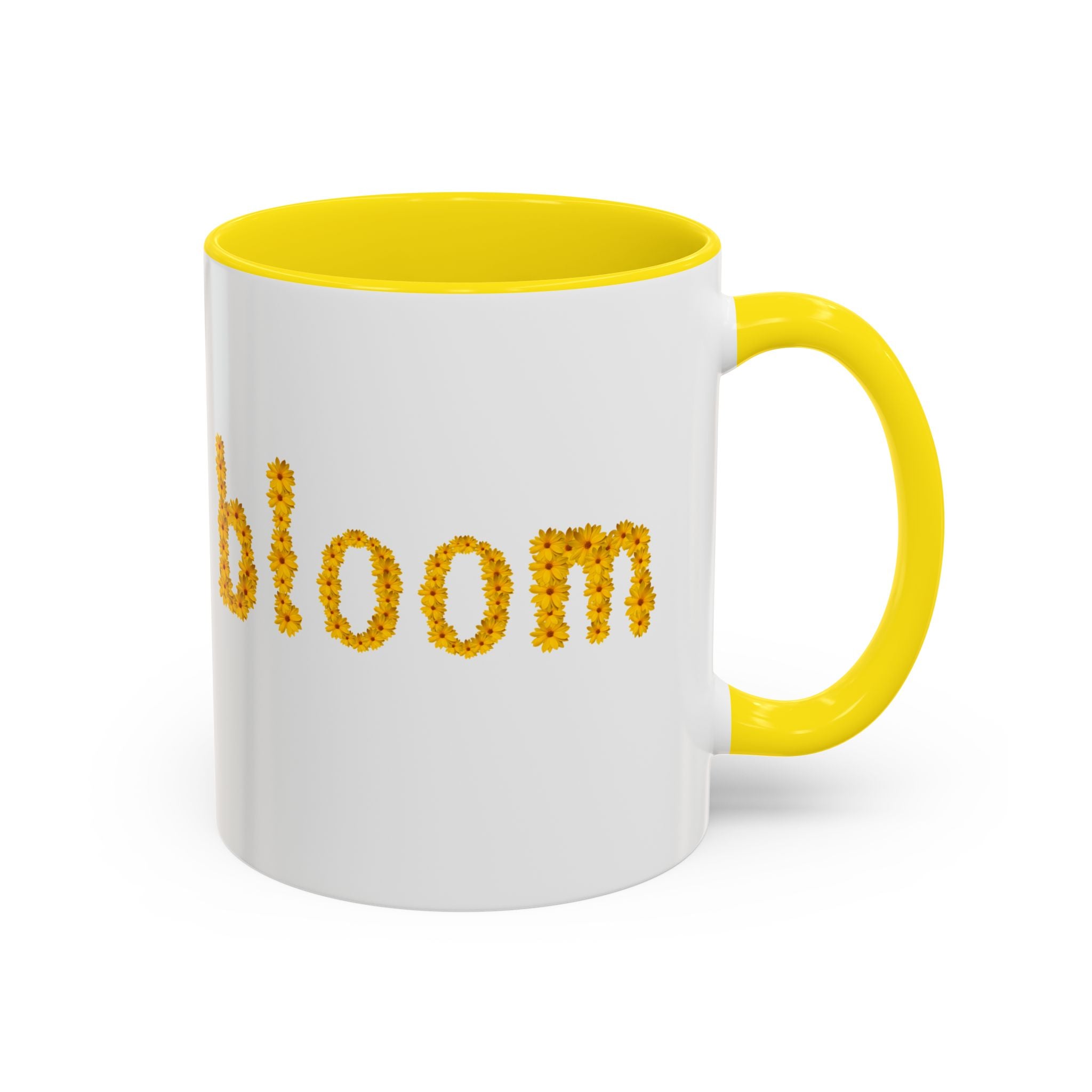 "bloom" floral text Coffee Mug | sunflower petal typography, white & black accent