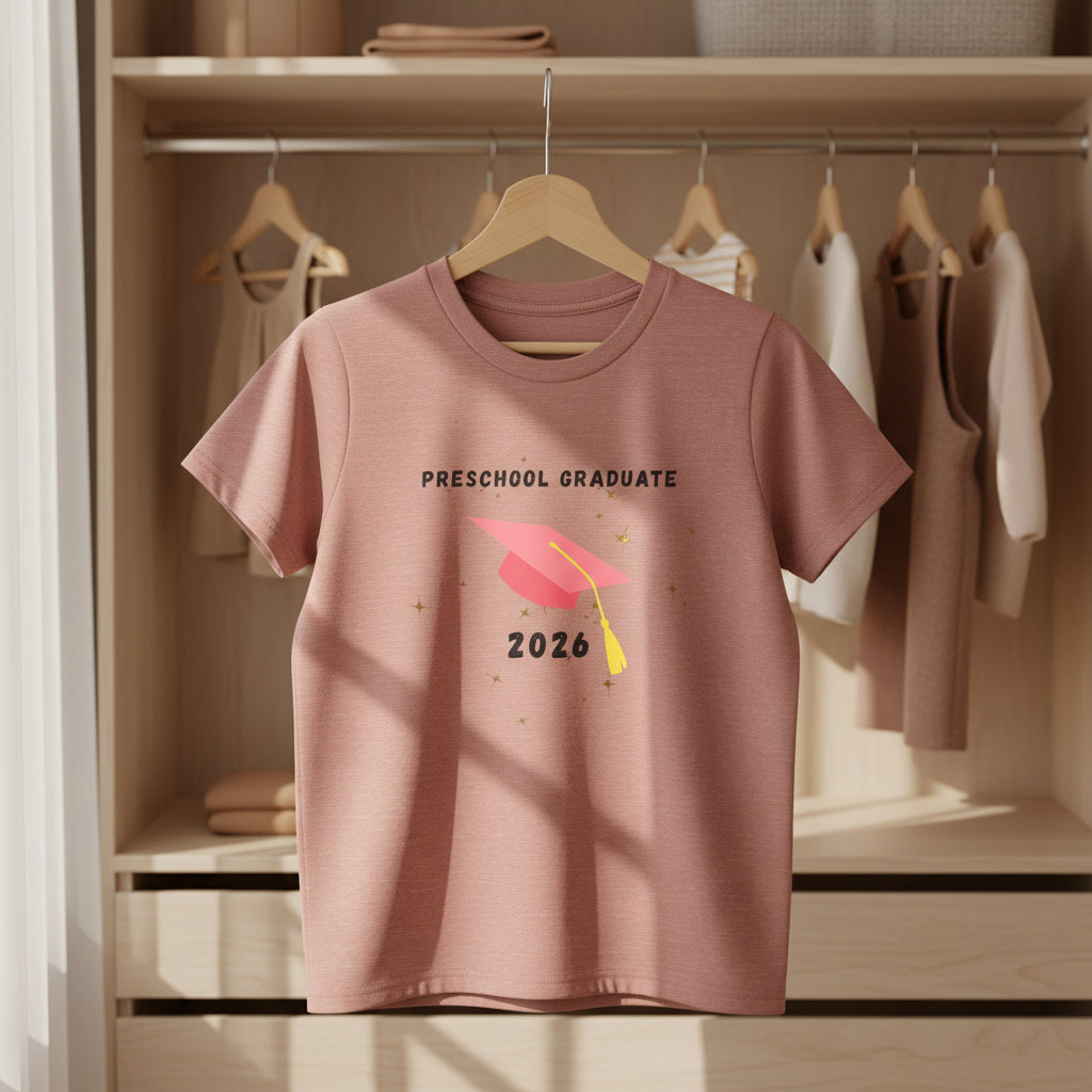 Preschool Graduate 2026 Youth Tee — Pink Graduation Cap Kids Shirt