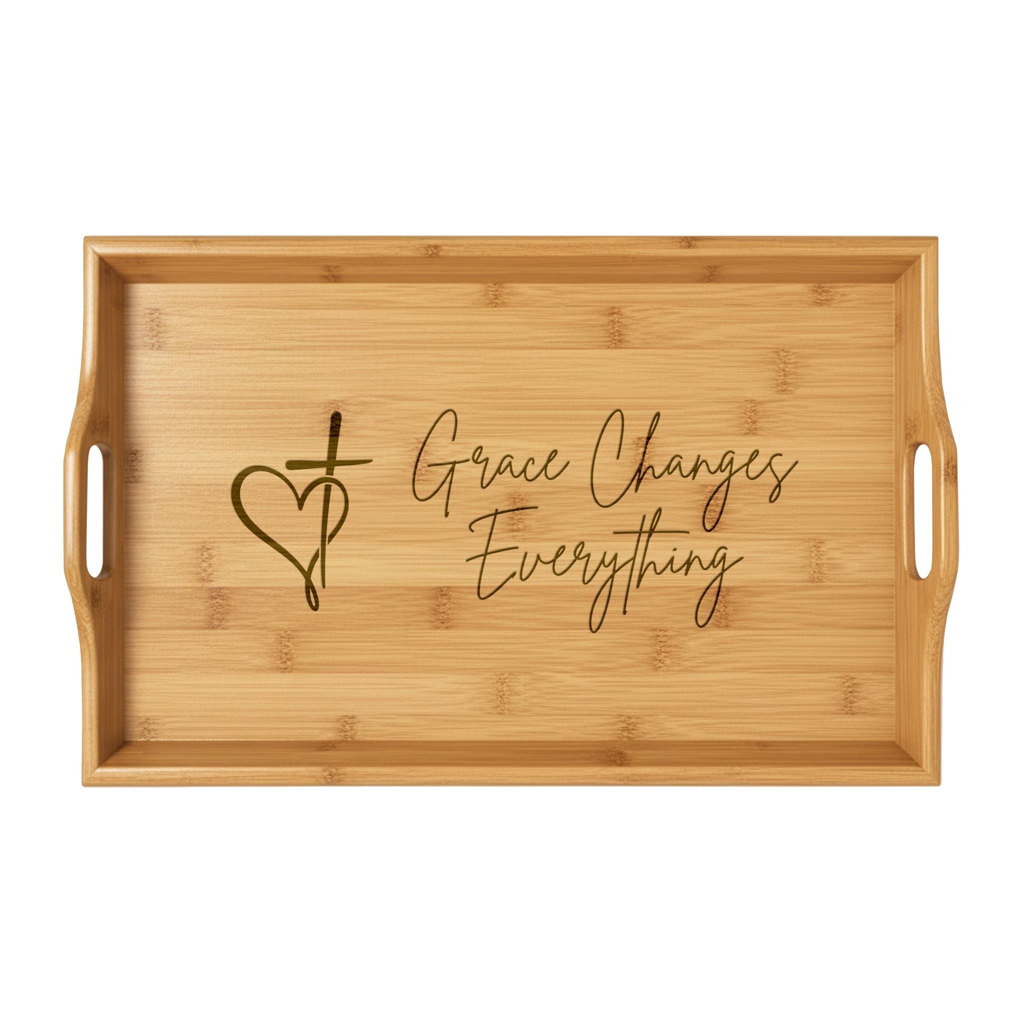 Engraved Bamboo Serving Tray — "Grace Changes Everything" Christian Heart & Cross