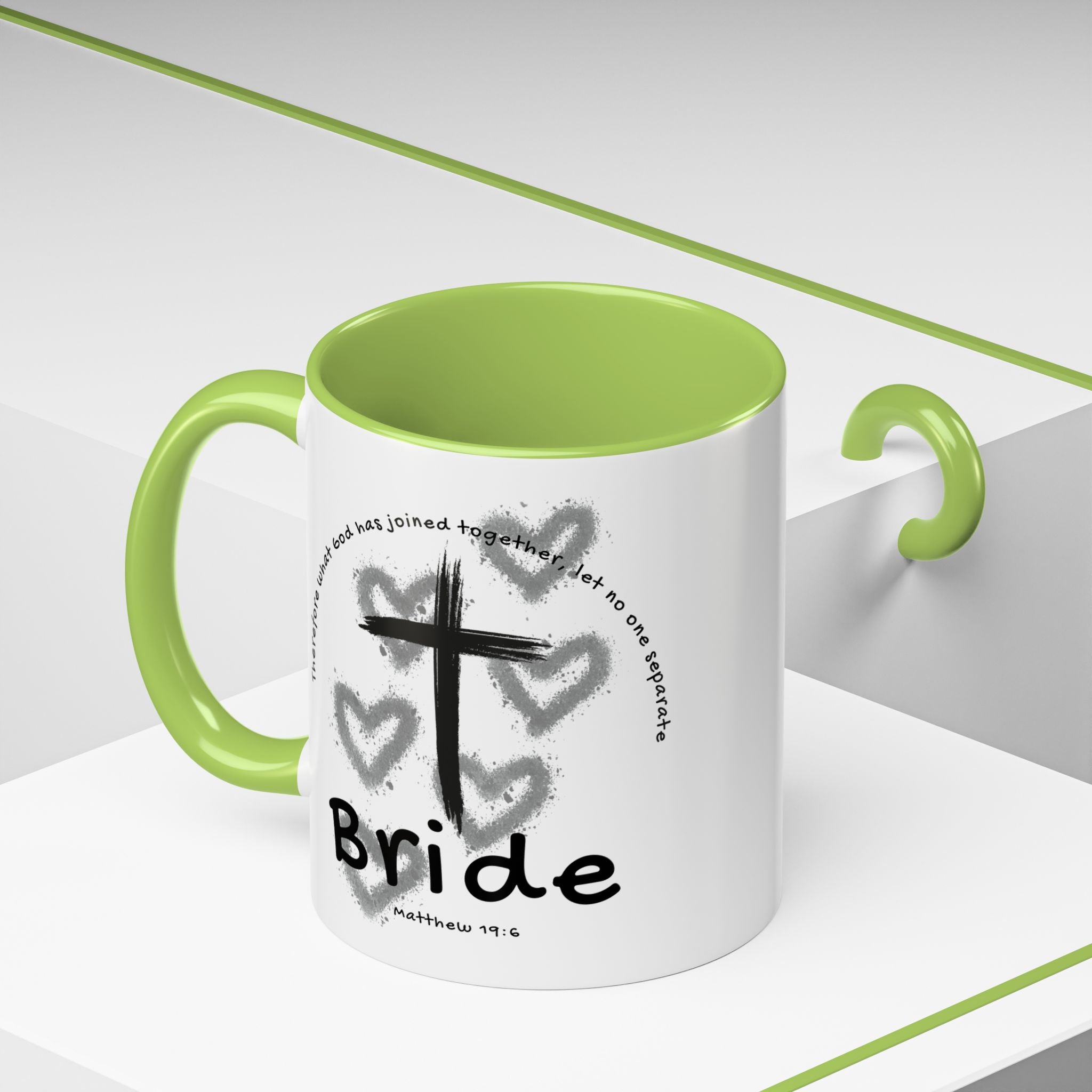 Bride Coffee Mug — Christian Cross & Hearts Accent Mug (Matthew 19:6)