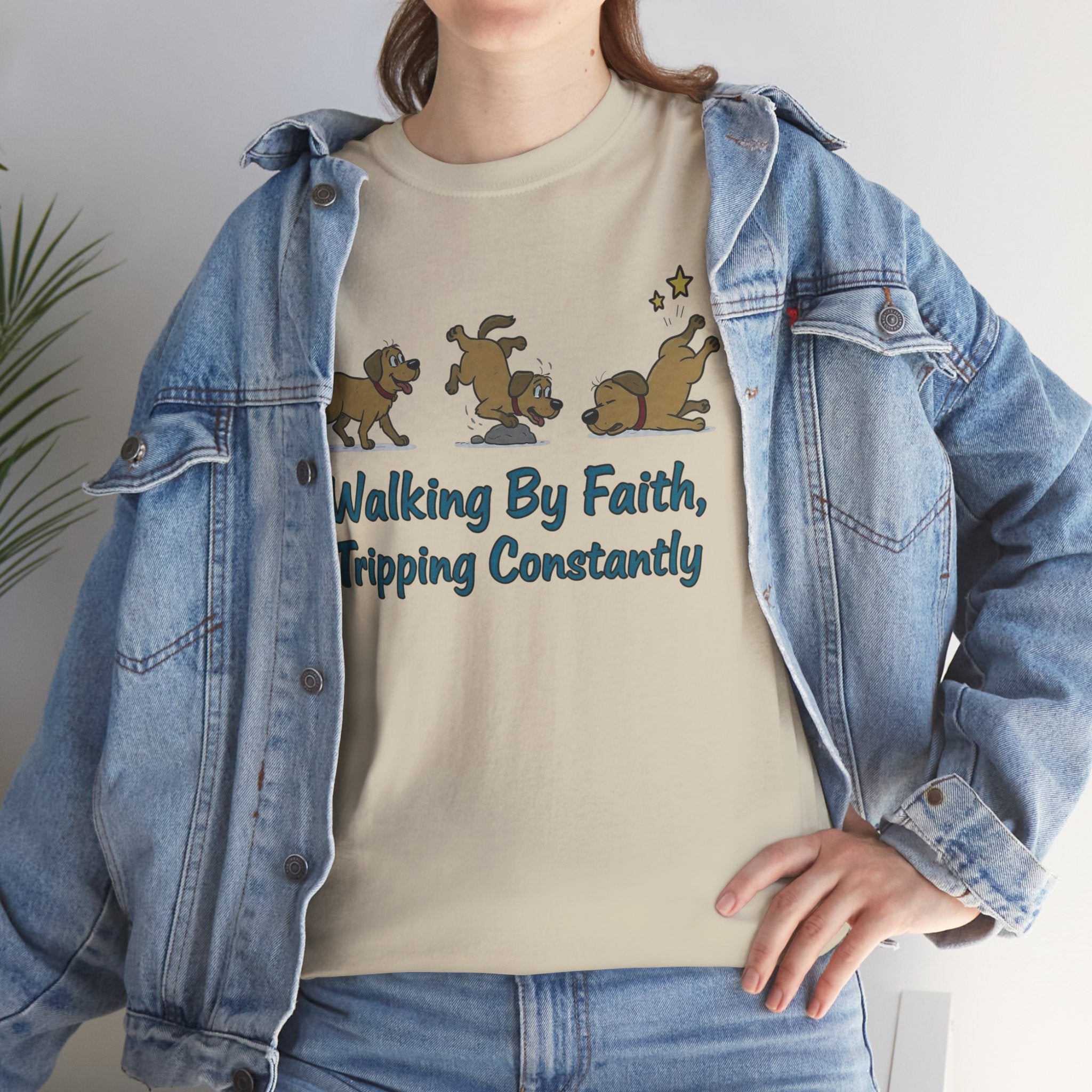 Faith Dog T-Shirt — "Walking By Faith, Tripping Constantly" Cute Christian Tee