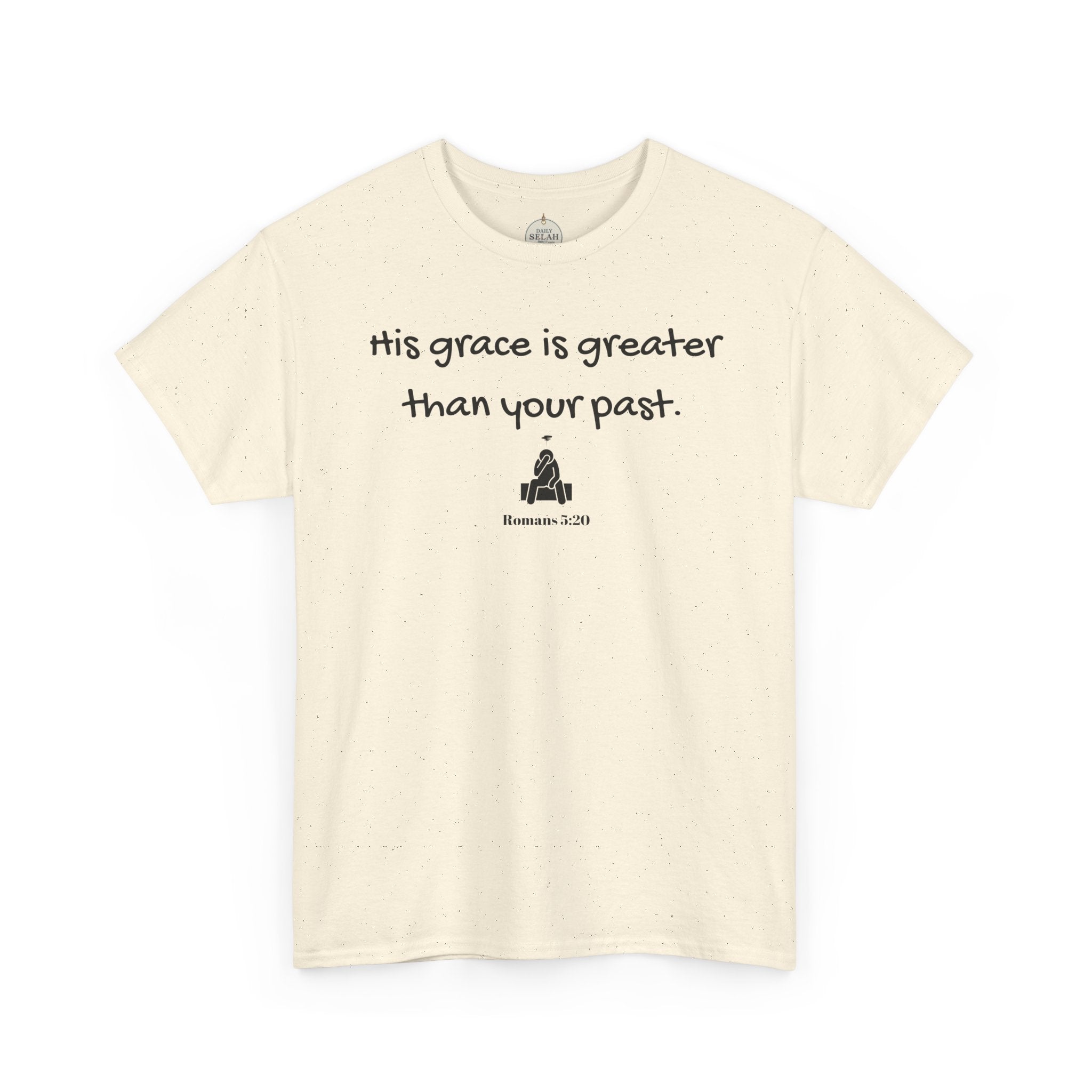 Christian T‑Shirt — "His grace is greater than your past." (Romans 5:20)
