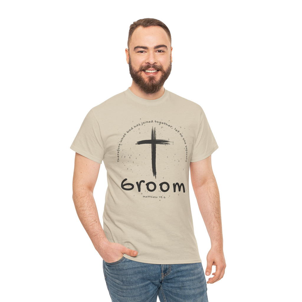 Groom Cross Tee — Christian Wedding Groom T-Shirt (Scripture Verse Design) - Christian - Matthew 19:6