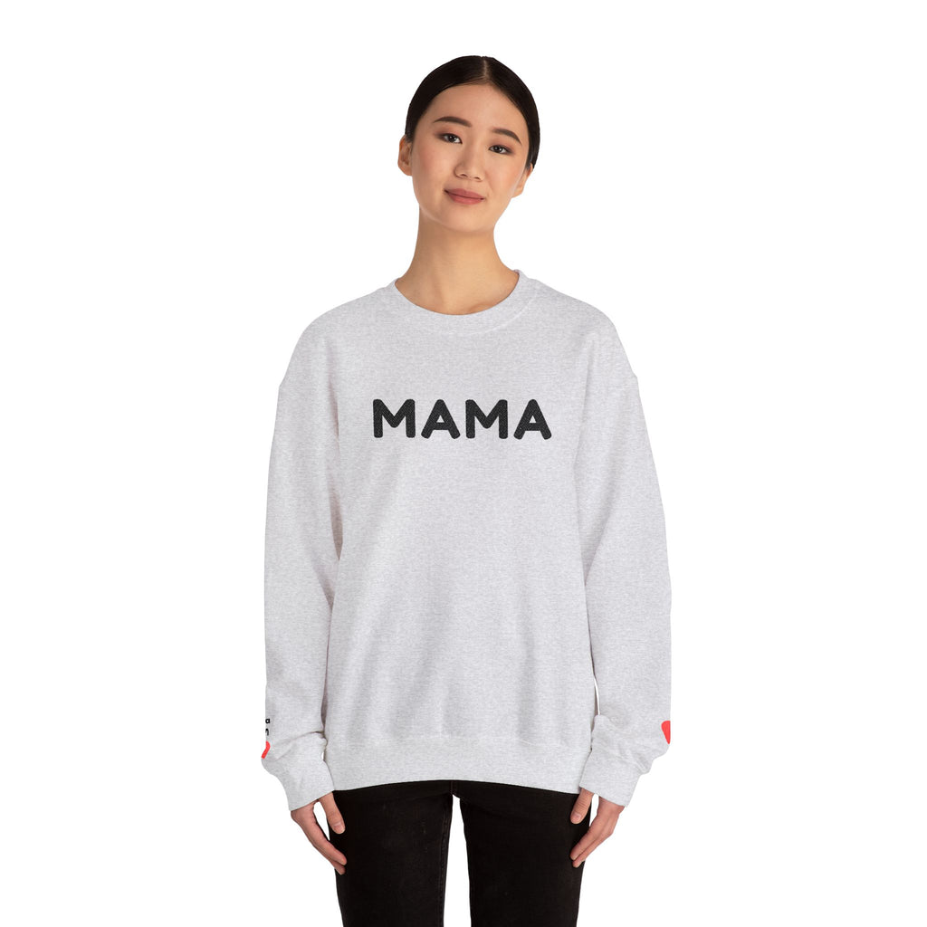 Embroidered - Personalized - Mama Crewneck Sweatshirt — Cozy Mother's Day Pullover with Heart Sleeve Detail