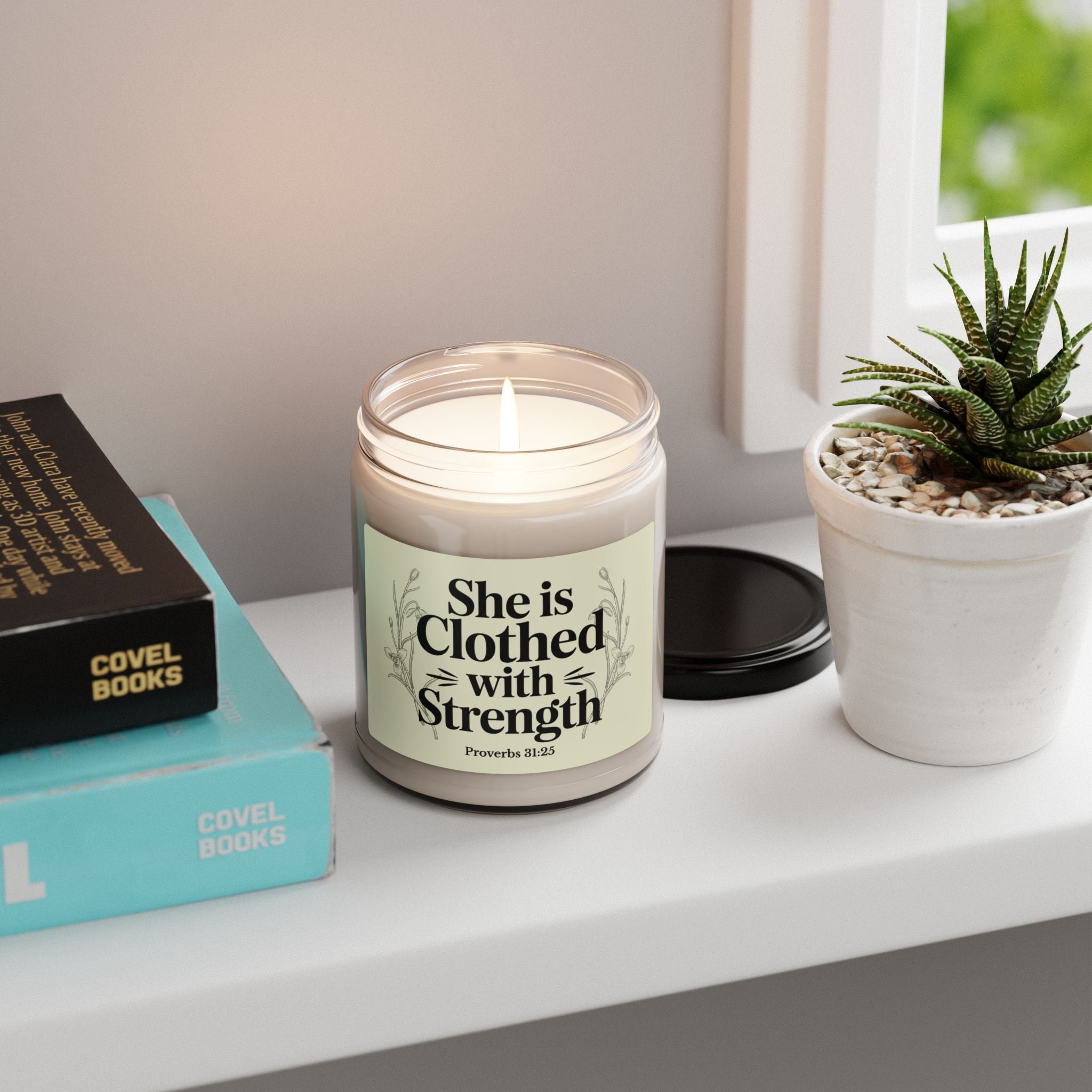 She Is Clothed With Strength 9oz Scented Soy Candle — Inspirational Proverbs 31:25 Mother's Day Gift