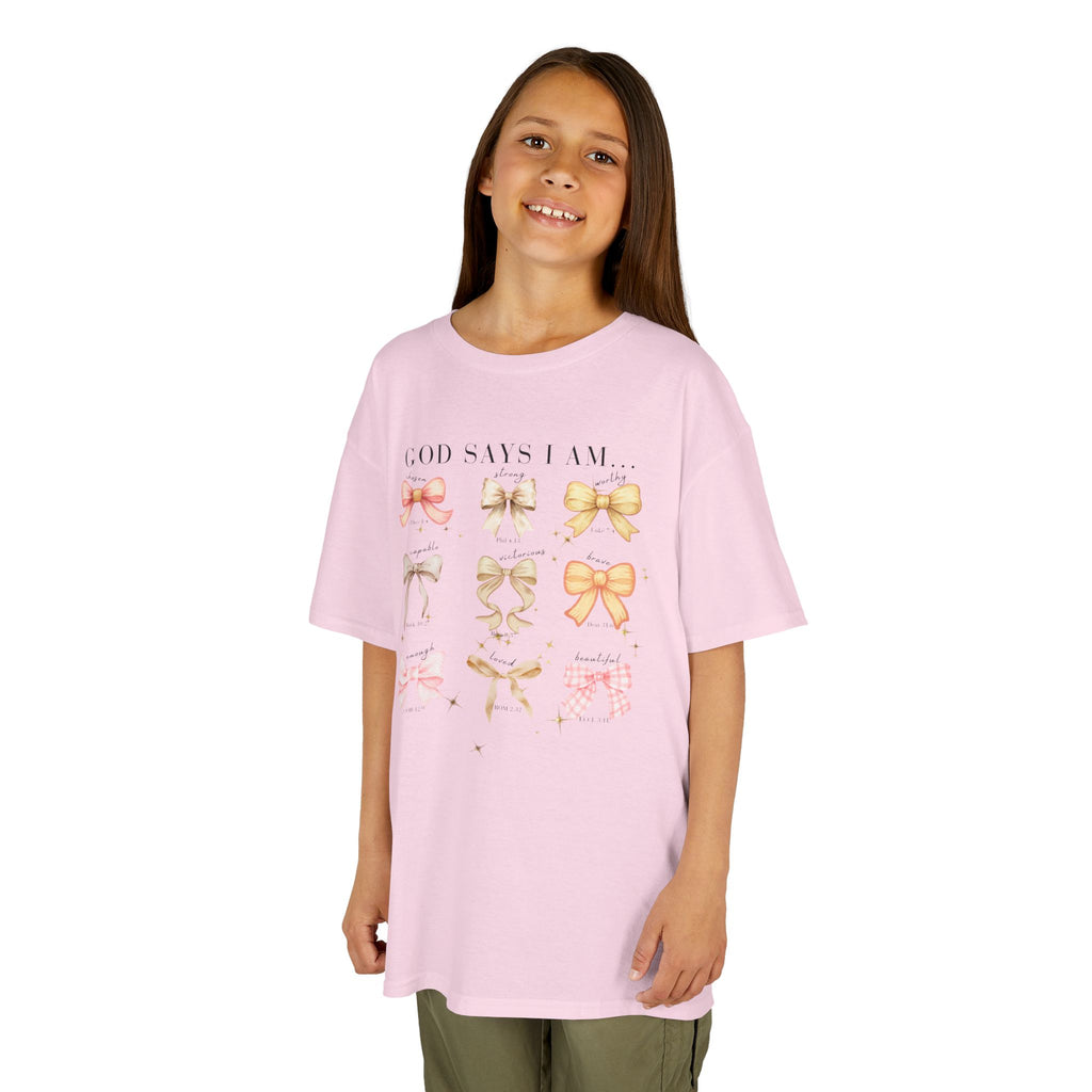 Kids Tee — 'God Says I Am' Pastel Bow Graphic