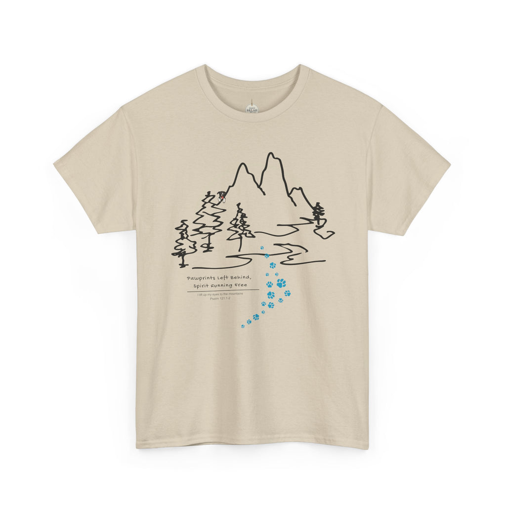 Rainbow Bridge T‑Shirt — Minimal Line Art Nature Tee with 'Follow the Dog Prints' Design Psalms 121