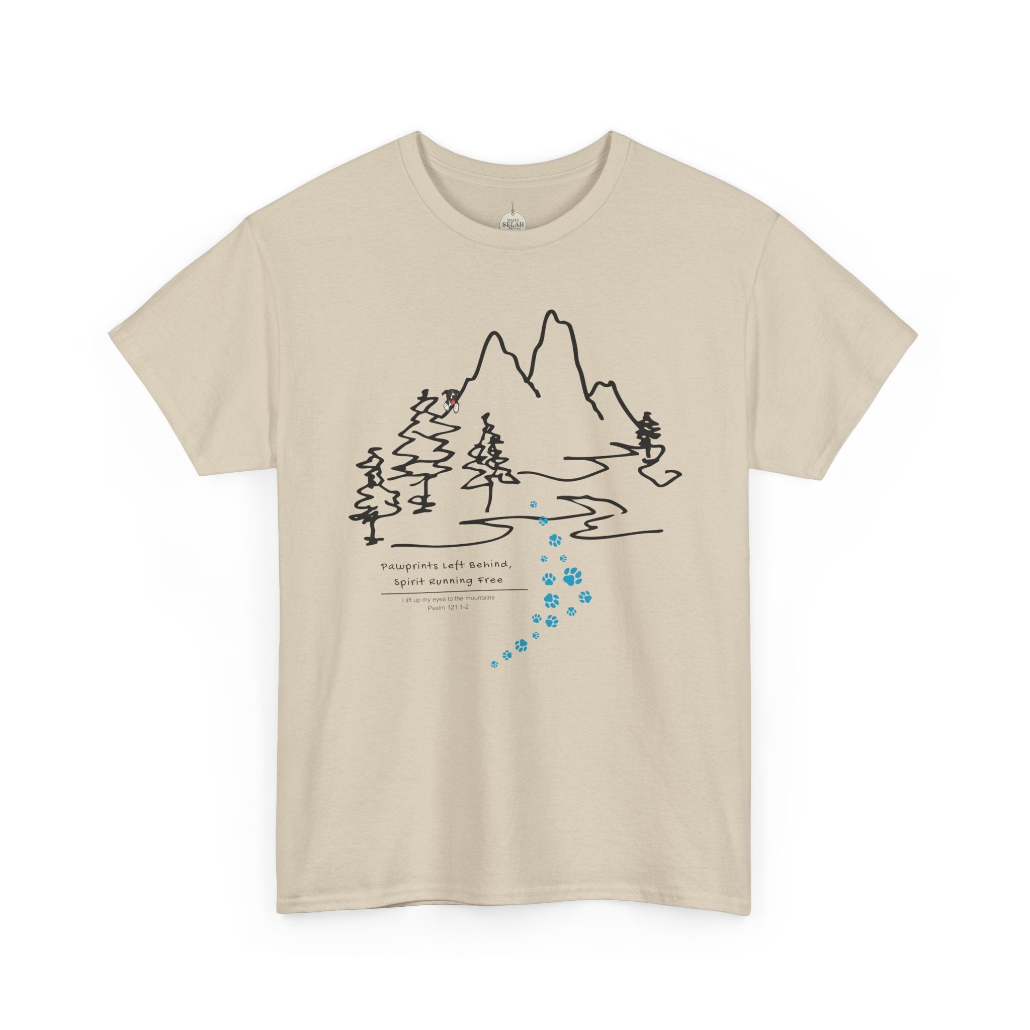 Rainbow Bridge T‑Shirt — Minimal Line Art Nature Tee with 'Follow the Dog Prints' Design Psalms 121