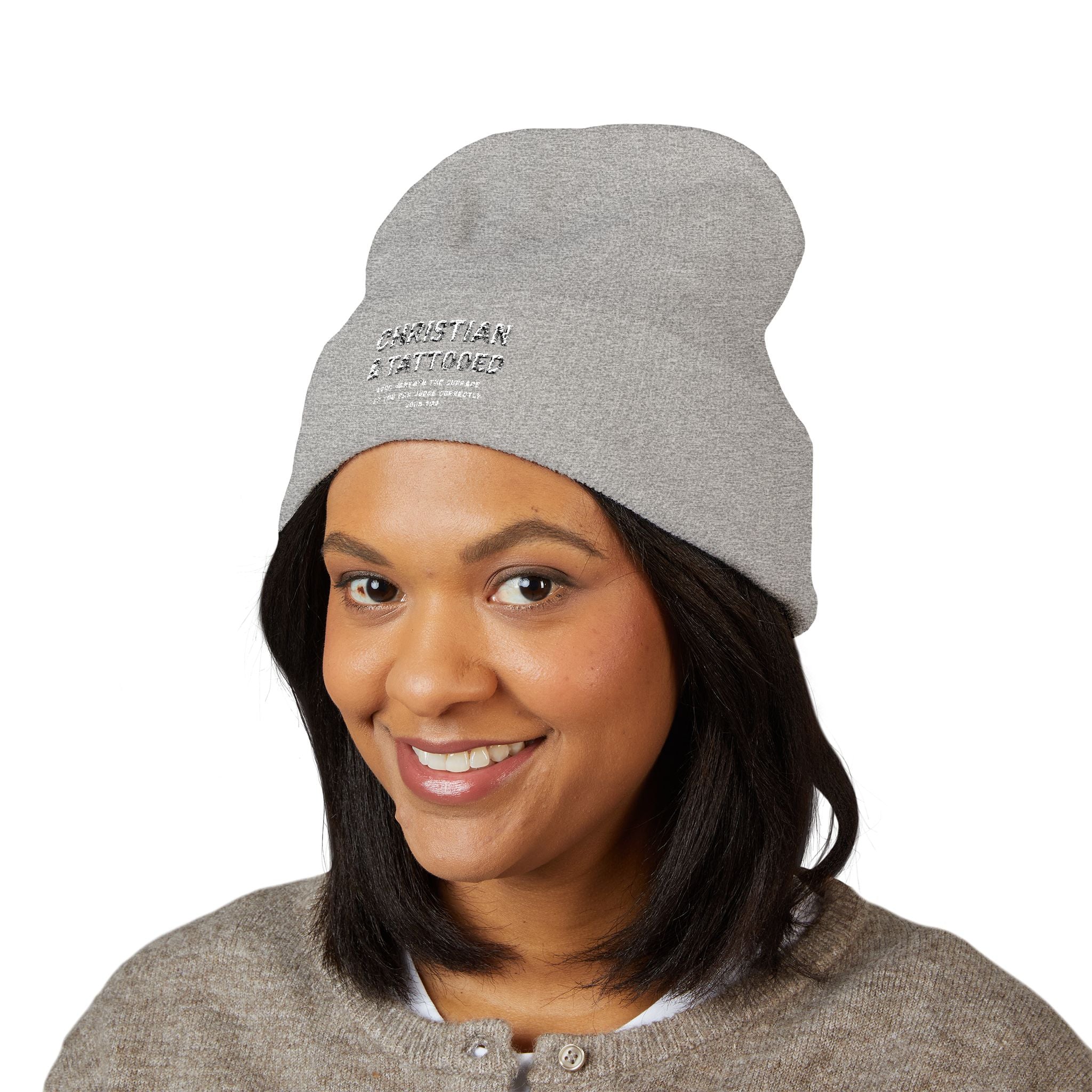 Embroidered 'Christian & Tattooed' Cuffed Beanie  Knit Winter Hat