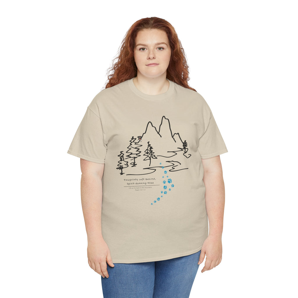 Rainbow Bridge T‑Shirt — Minimal Line Art Nature Tee with 'Follow the Dog Prints' Design Psalms 121