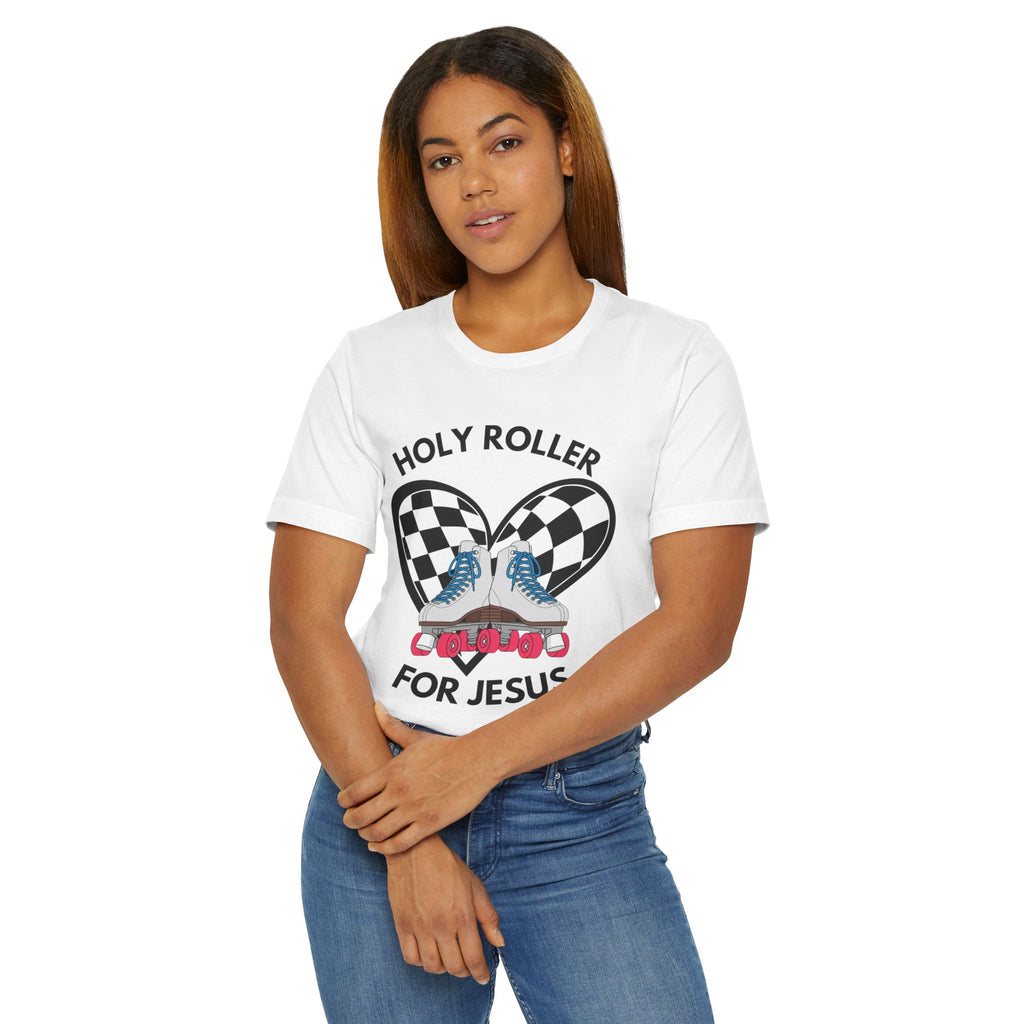 Holy Roller For Jesus T-Shirt — Retro Roller Skates & Checker Heart Christian Tee