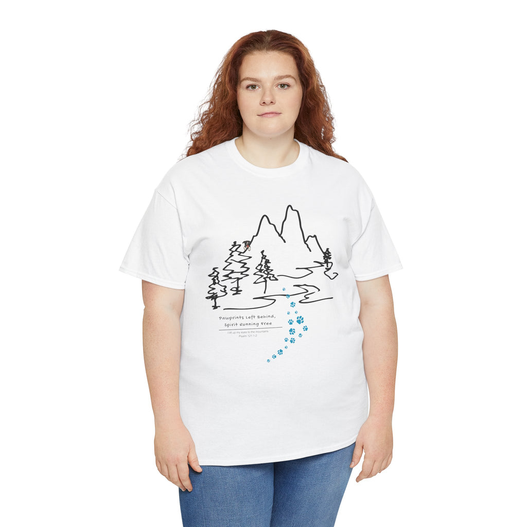 Rainbow Bridge T‑Shirt — Minimal Line Art Nature Tee with 'Follow the Dog Prints' Design Psalms 121