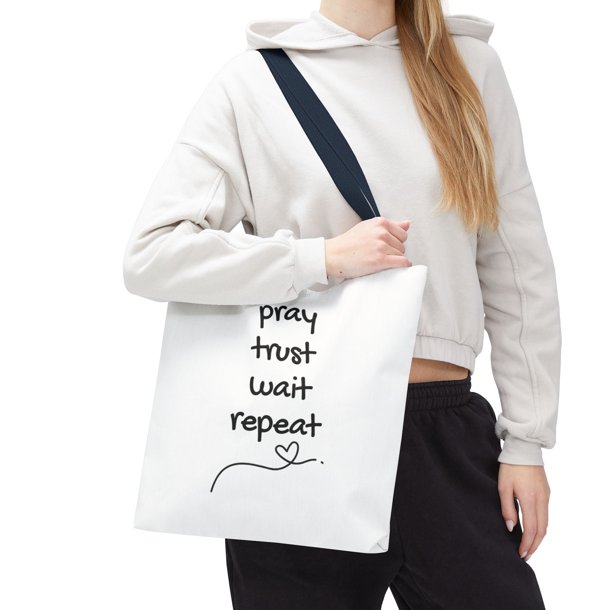 Pray Trust Wait Repeat Tote Bag — Inspirational Faith Canvas Tote