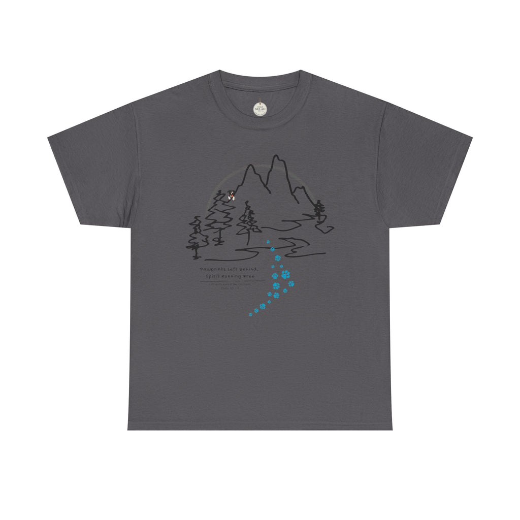 Rainbow Bridge T‑Shirt — Minimal Line Art Nature Tee with 'Follow the Dog Prints' Design Psalms 121