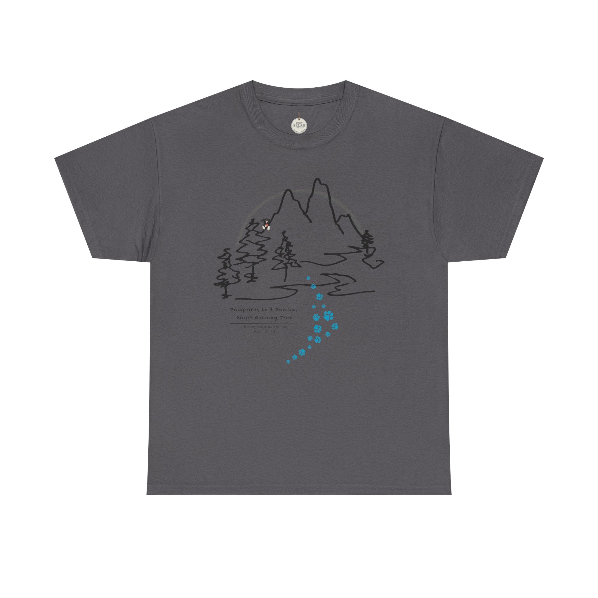 Rainbow Bridge T‑Shirt — Minimal Line Art Nature Tee with 'Follow the Dog Prints' Design Psalms 121