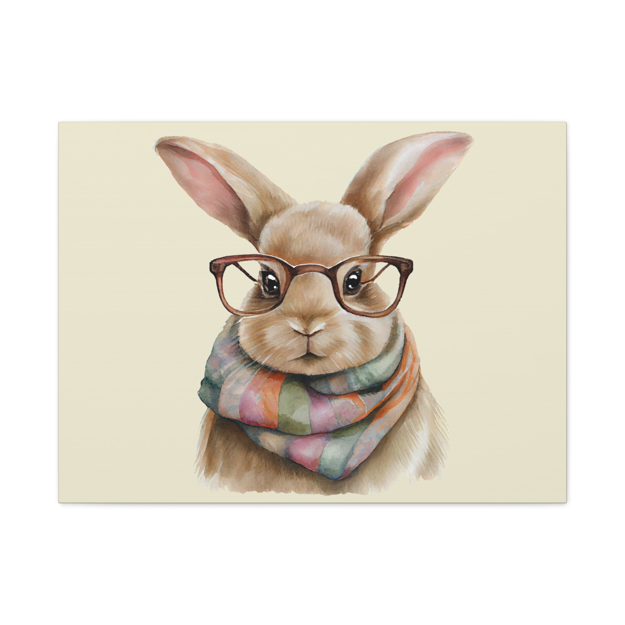 Hipster Bunny Canvas Art – Bunny with Glasses & Colorful Scarf Matte Stretched Wall Decor
