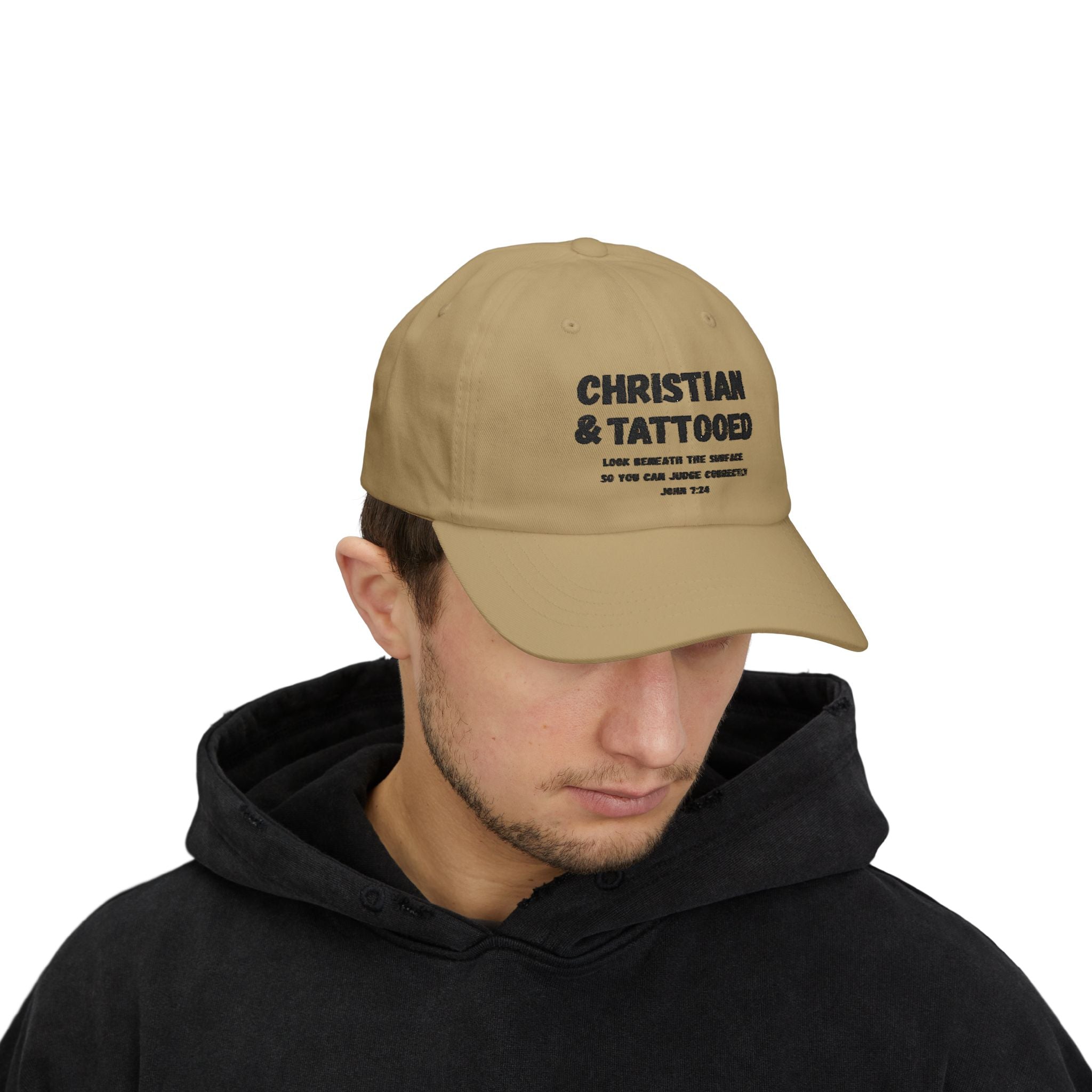 Embroidered Christian & Tattooed Dad Cap — Faith-Based Baseball Hat with John 7:24 Message