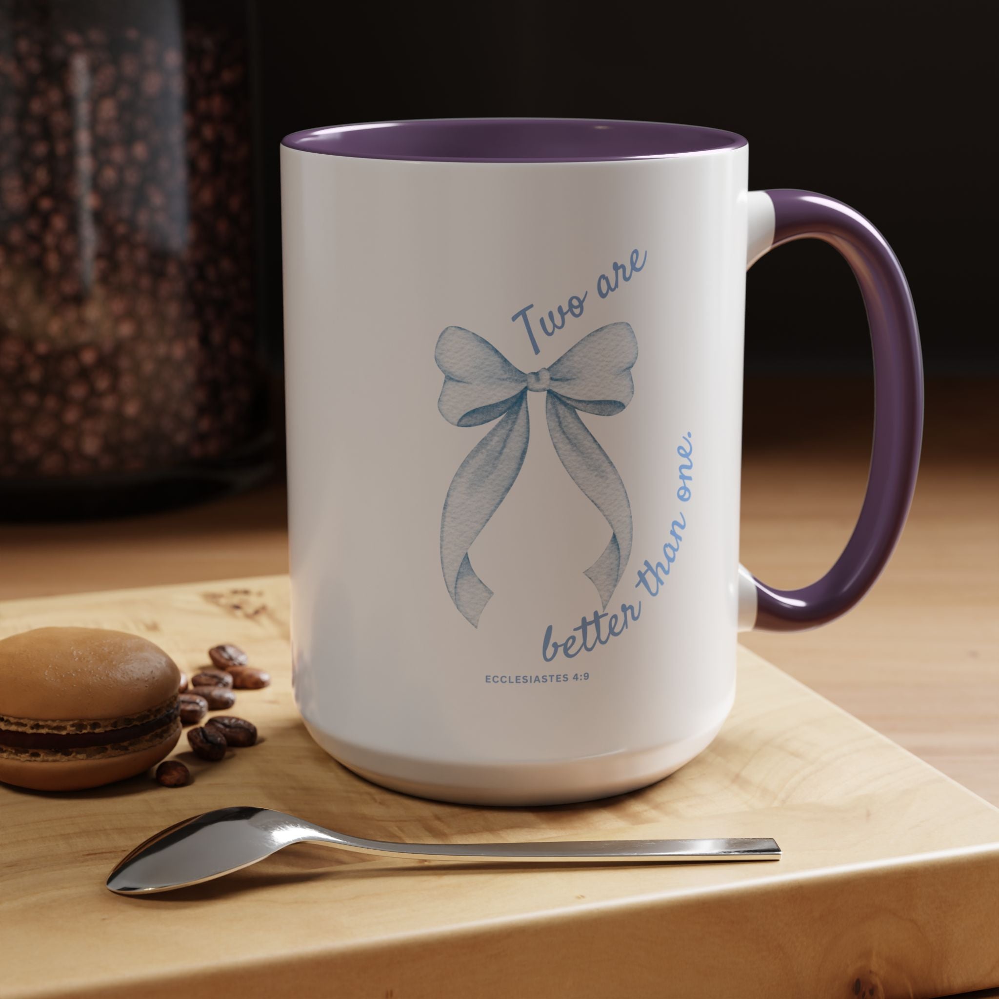 Accent Coffee Mug - "Two are better than one" Blue Ribbon Ceramic Mug Christian Wedding