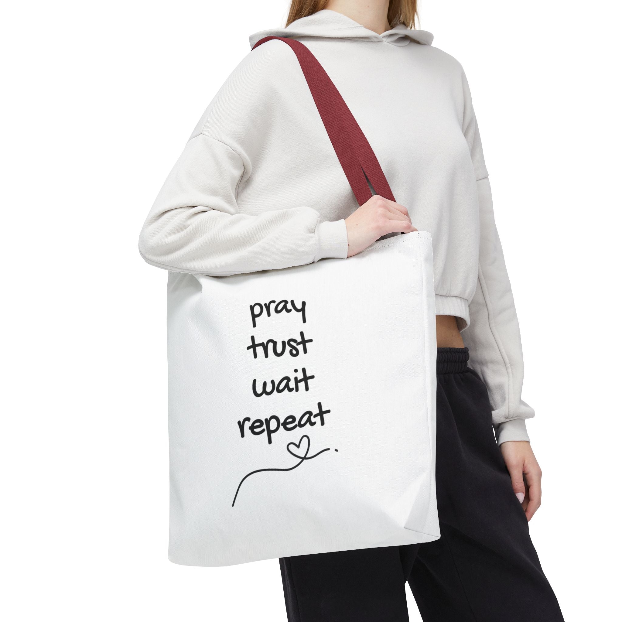 Pray Trust Wait Repeat Tote Bag — Inspirational Faith Canvas Tote