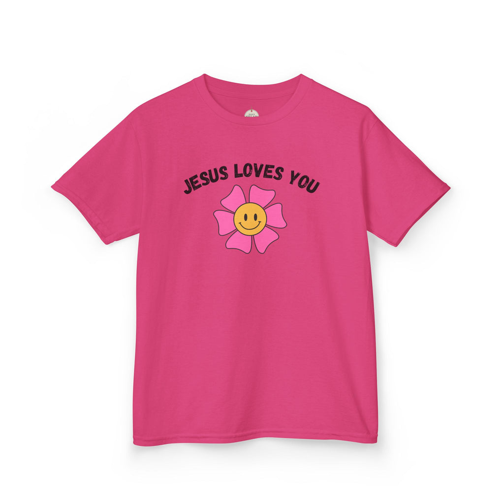 Kids T-Shirt — "Jesus Loves You" Smiley Flower Christian Tee