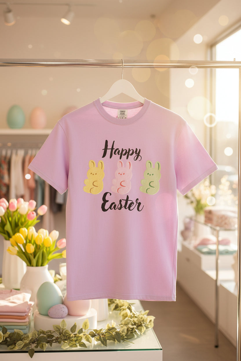 Happy Easter T-Shirt — 3 Pastel Bunny Peeps Spring Holiday Tee