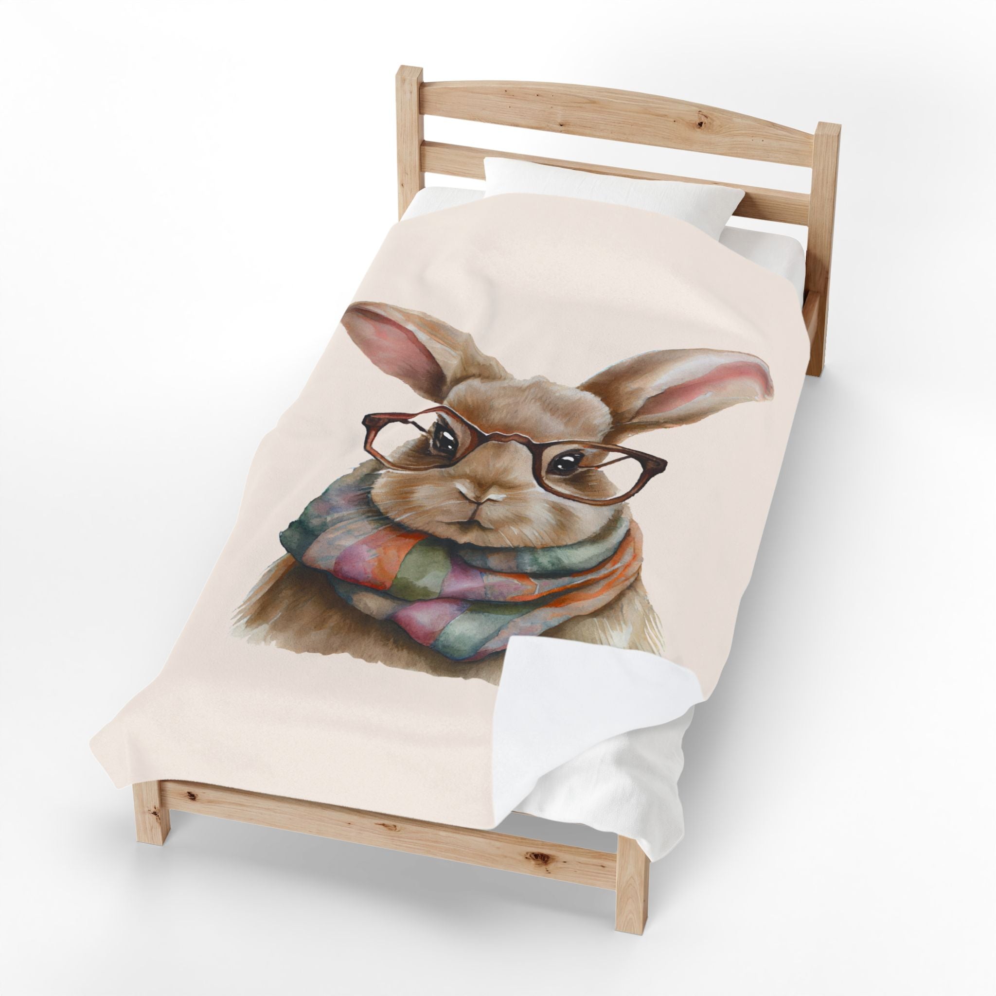 Cute Bunny with Glasses Velveteen Plush Blanket – Cozy Rabbit Scarf Throw