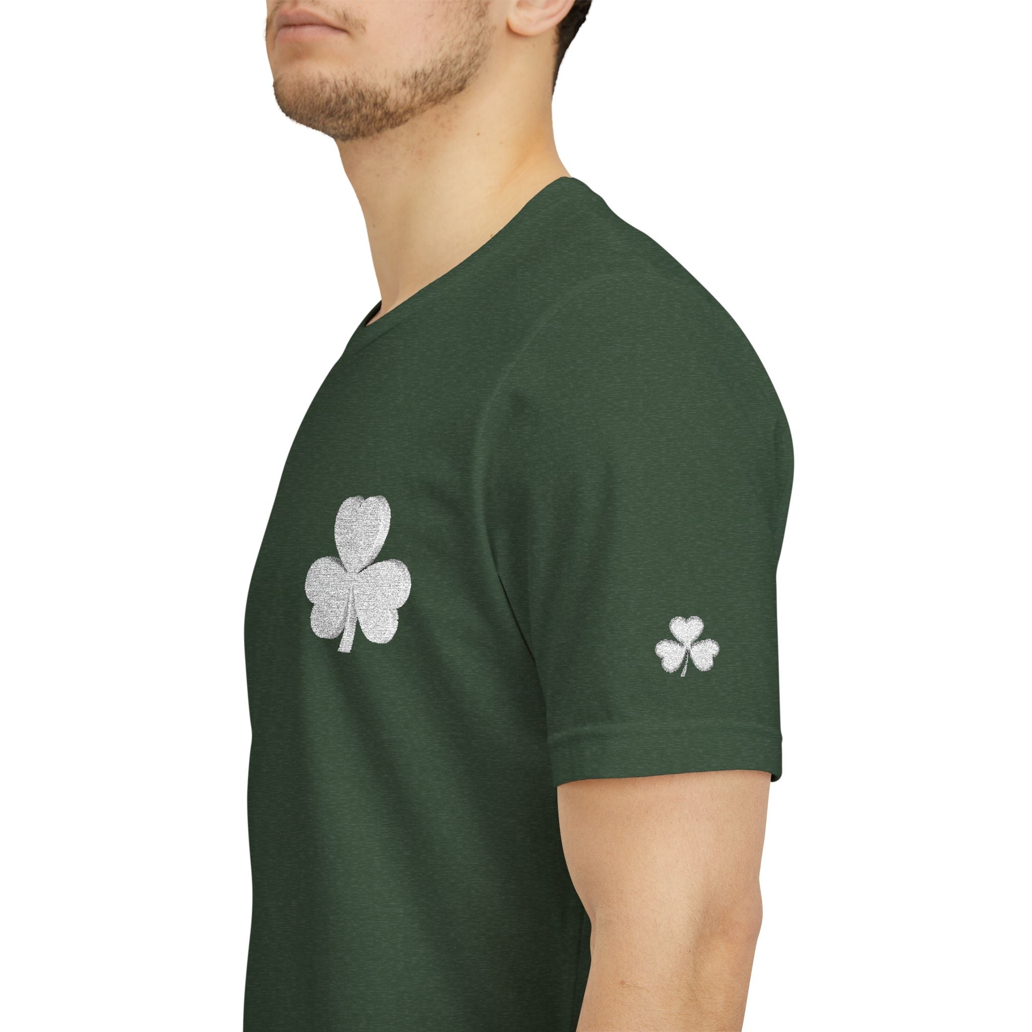 Embroidered Shamrock Pocket Tee — Distressed Lucky Clover T-Shirt