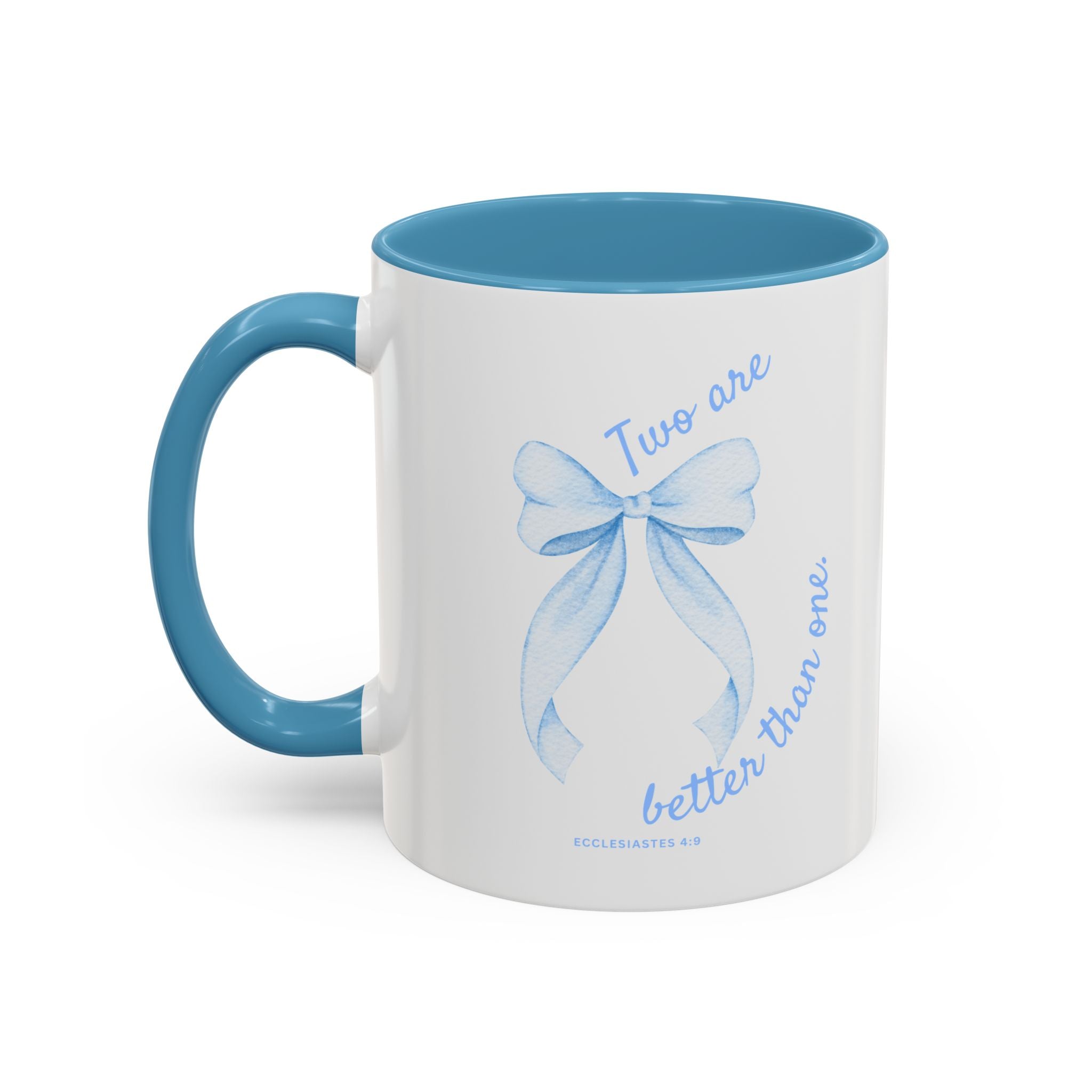 Accent Coffee Mug - "Two are better than one" Blue Ribbon Ceramic Mug Christian Wedding