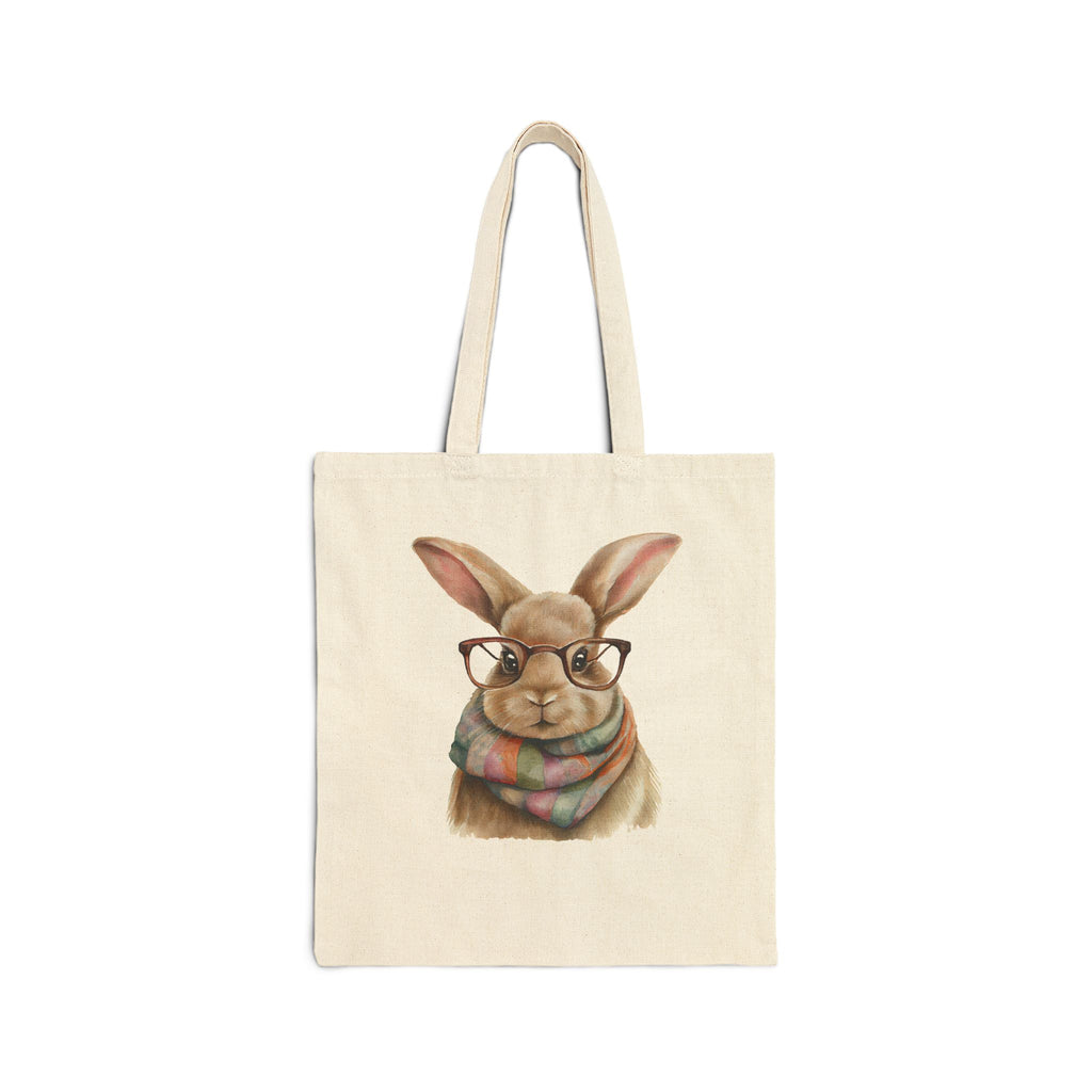 Canvas Tote Bag — Cute Bunny with Glasses & Plaid Scarf | Eco-Friendly Grocery, Book & Gift Tote