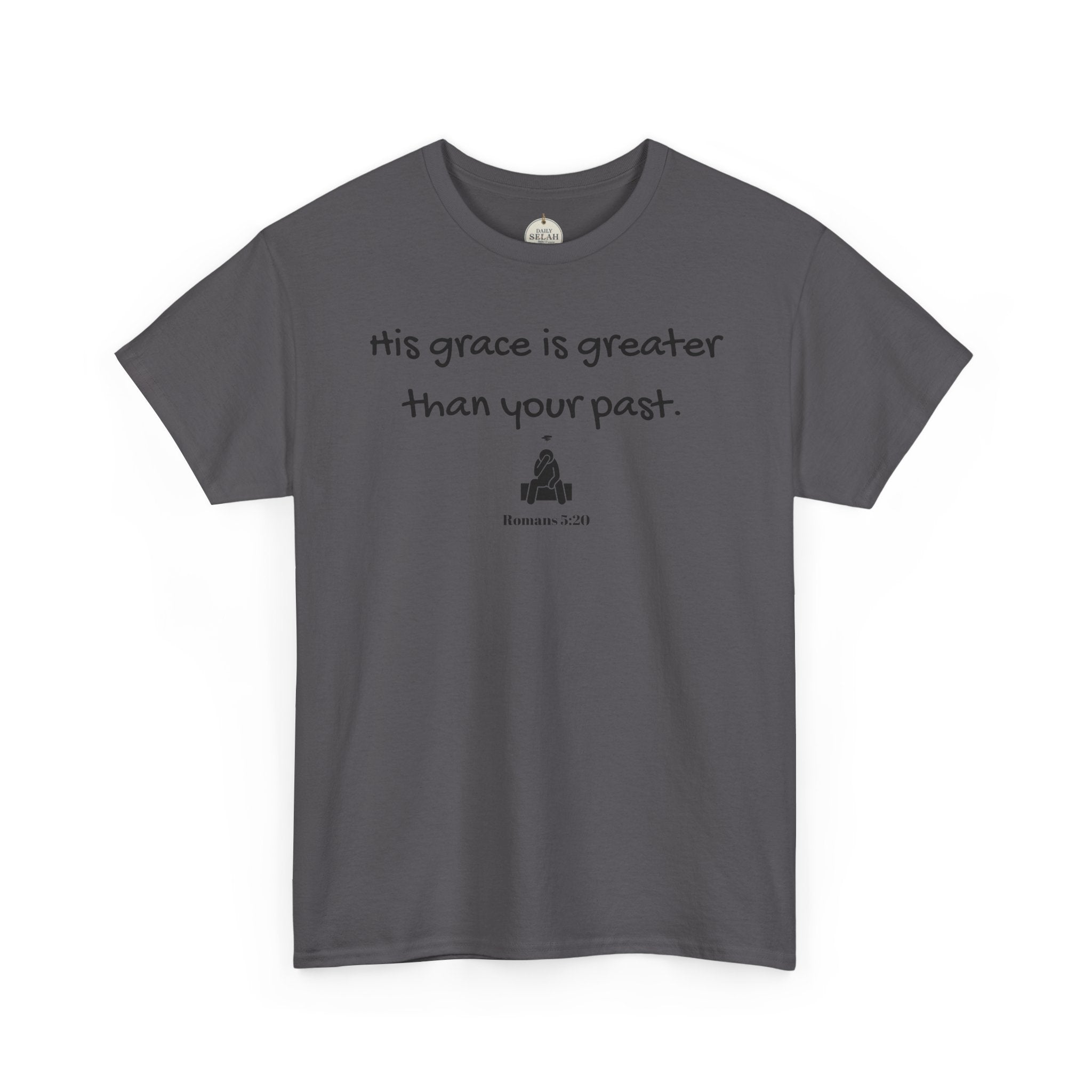 Christian T‑Shirt — "His grace is greater than your past." (Romans 5:20)