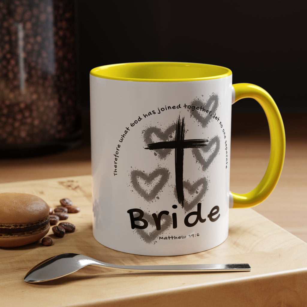 Bride Coffee Mug — Christian Cross & Hearts Accent Mug (Matthew 19:6)