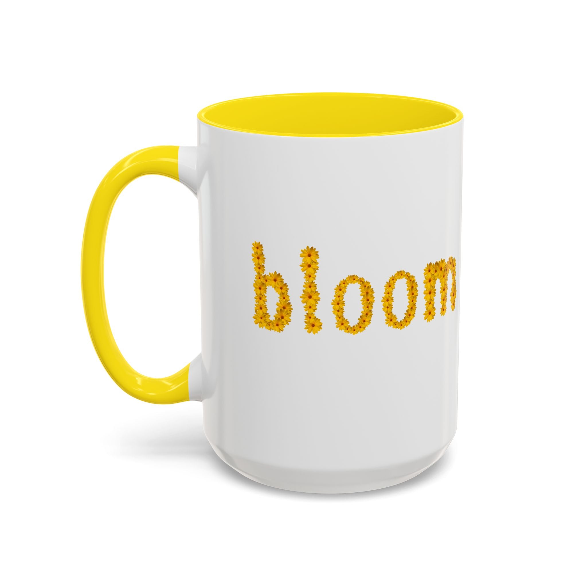 "bloom" floral text Coffee Mug | sunflower petal typography, white & black accent