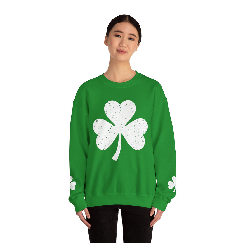 Shamrock Crewneck Sweatshirt – Distressed Green Clover St. Patrick’s Day Pullover