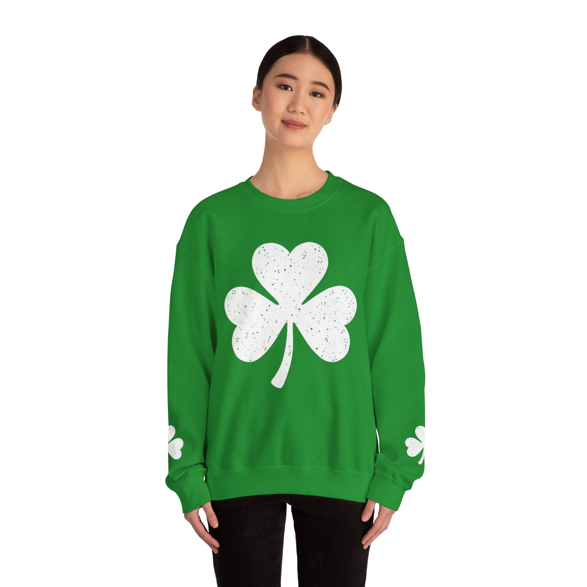 Shamrock Crewneck Sweatshirt – Distressed Green Clover St. Patrick’s Day Pullover