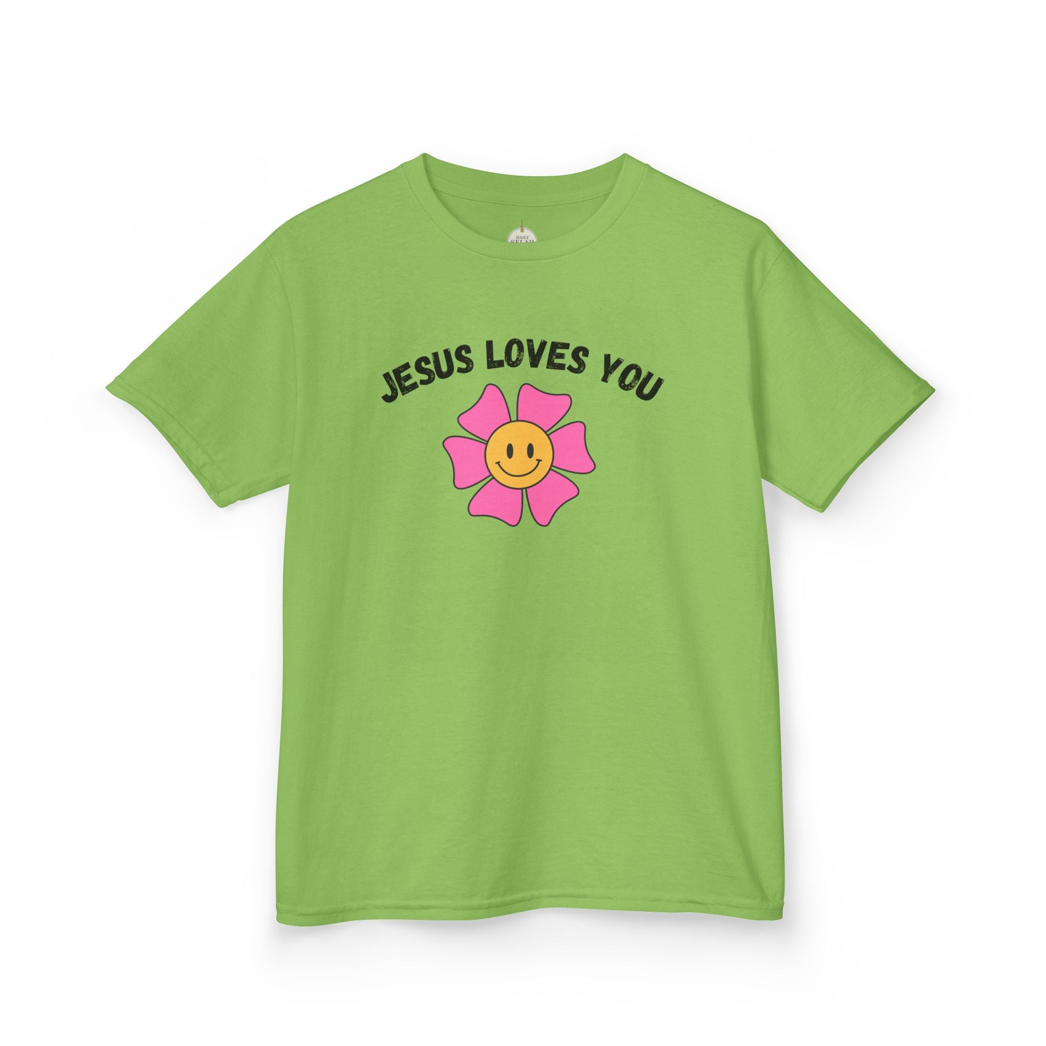 Kids T-Shirt — "Jesus Loves You" Smiley Flower Christian Tee