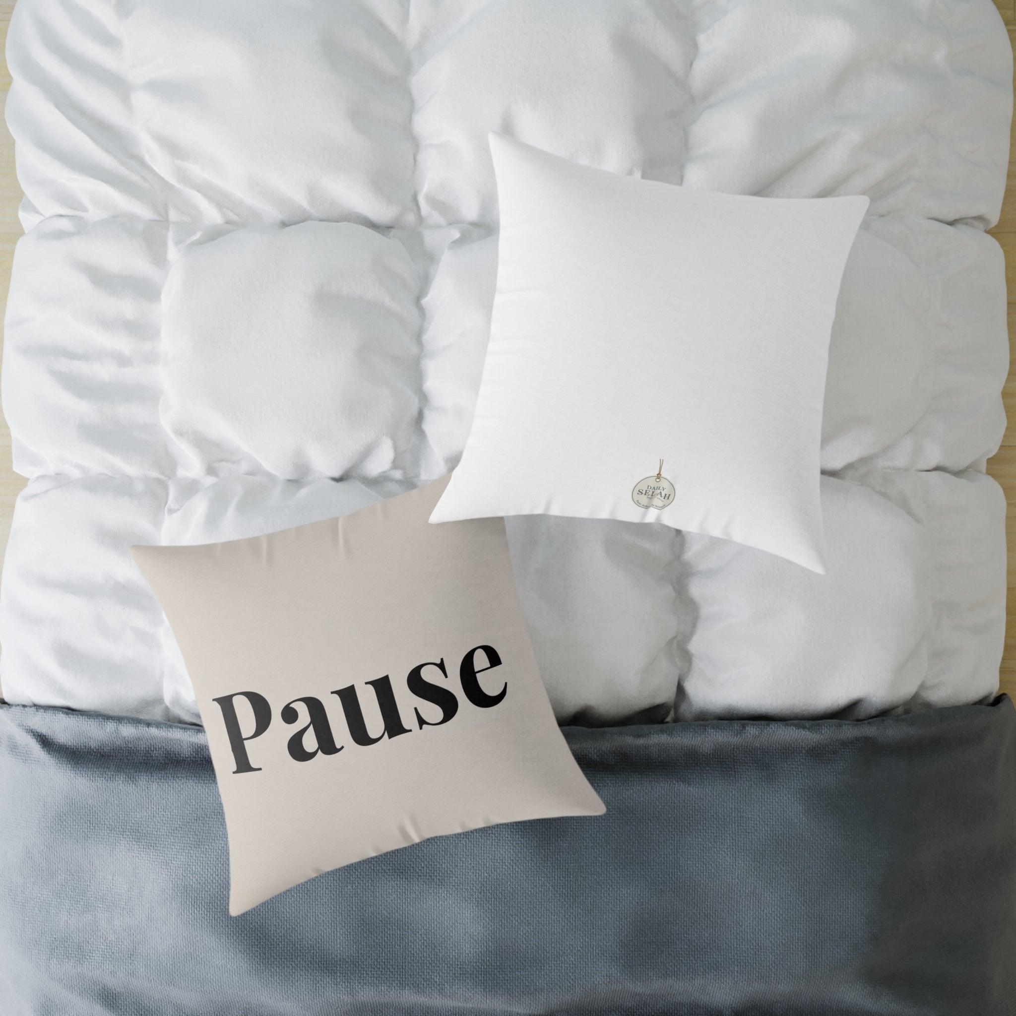 Pause Square Pillow – Minimalist Faith Inspired Neutral Canvas Throw Pillow with 'Pause' Typography