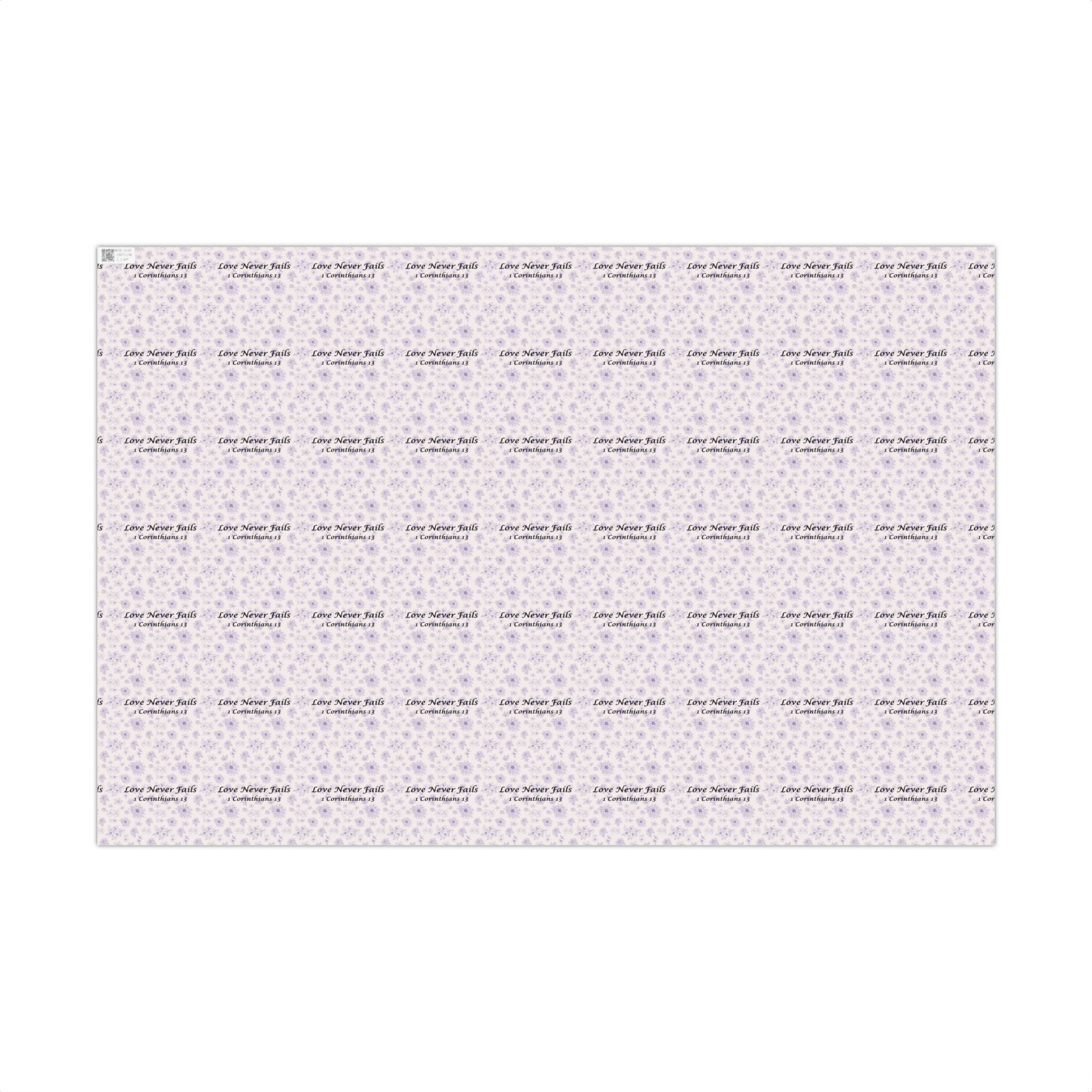 Floral "Love Never Fails" Gift Wrap Paper — Lavender Christian Wrapping Sheets