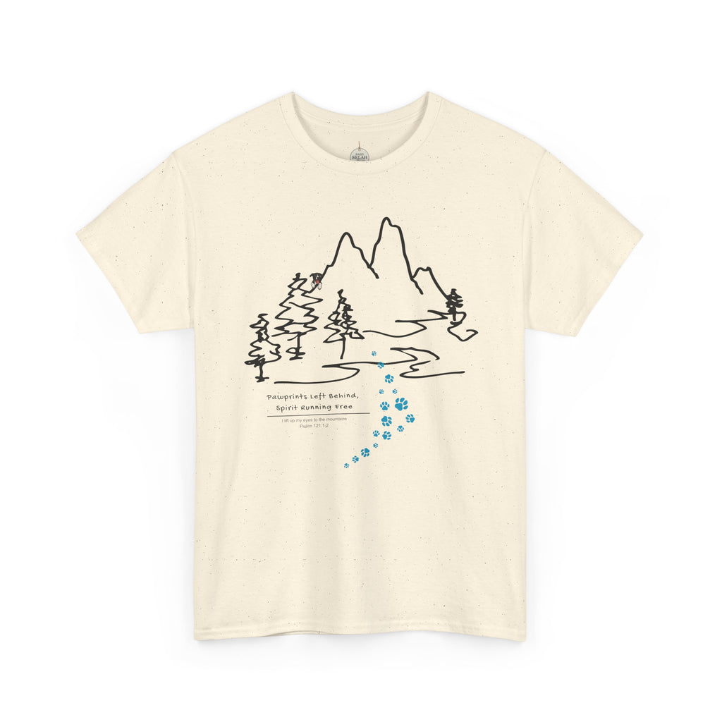 Rainbow Bridge T‑Shirt — Minimal Line Art Nature Tee with 'Follow the Dog Prints' Design Psalms 121