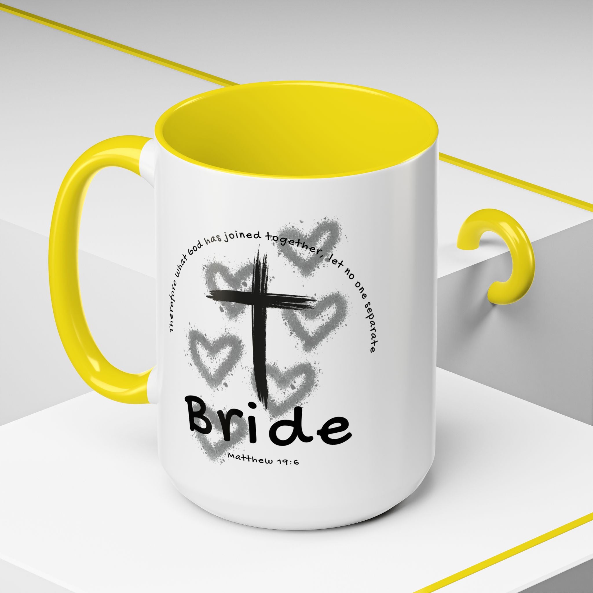 Bride Coffee Mug — Christian Cross & Hearts Accent Mug (Matthew 19:6)
