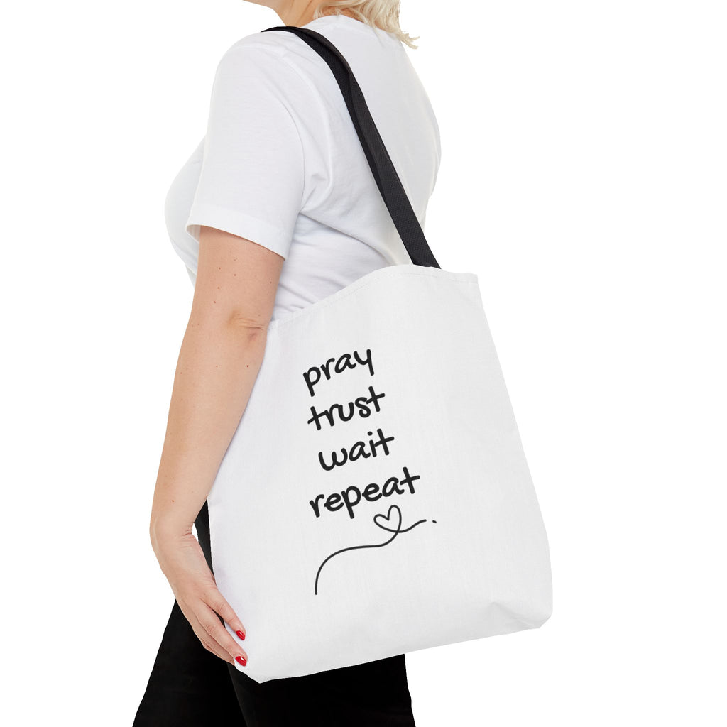 Pray Trust Wait Repeat Tote Bag — Inspirational Faith Canvas Tote