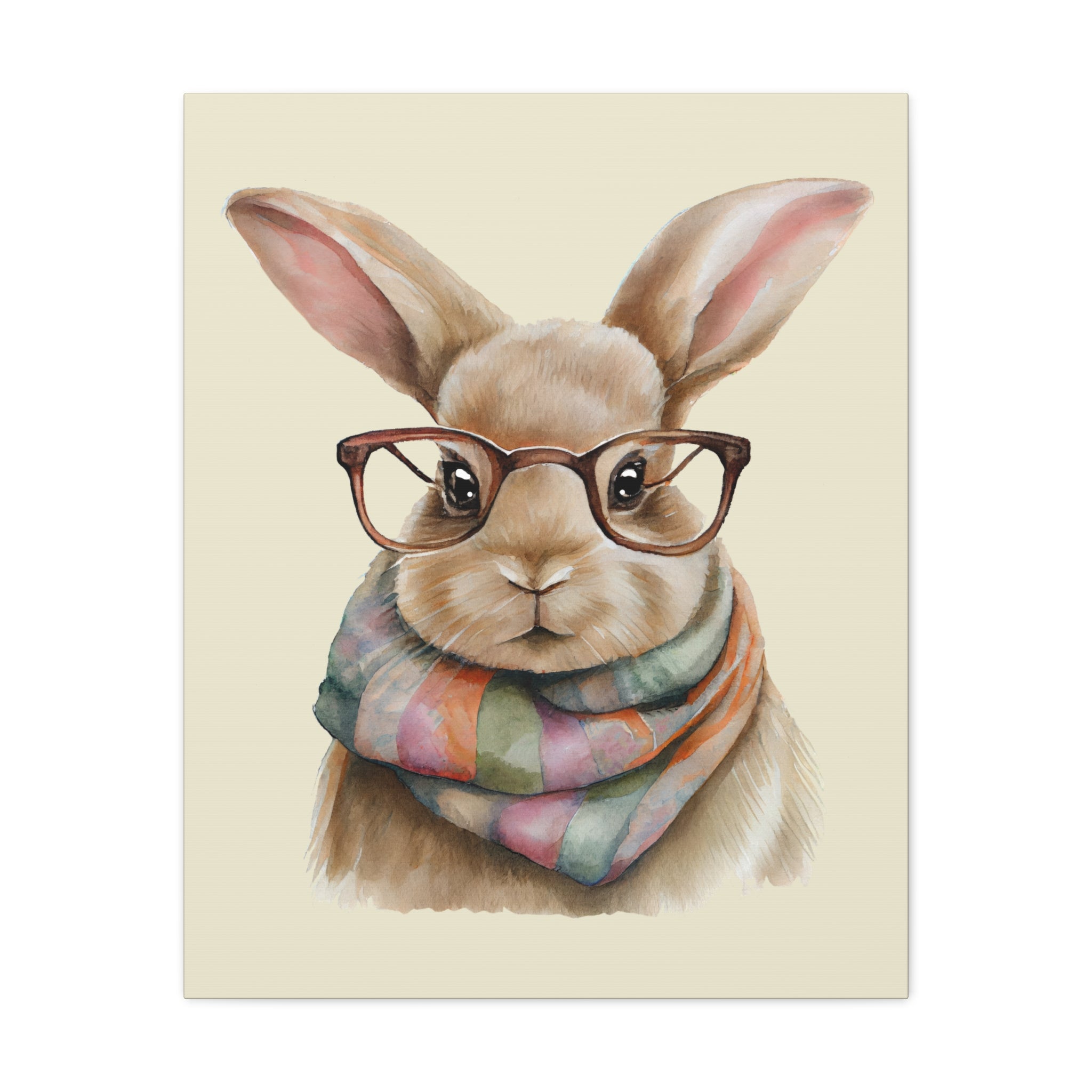 Hipster Bunny Canvas Art – Bunny with Glasses & Colorful Scarf Matte Stretched Wall Decor