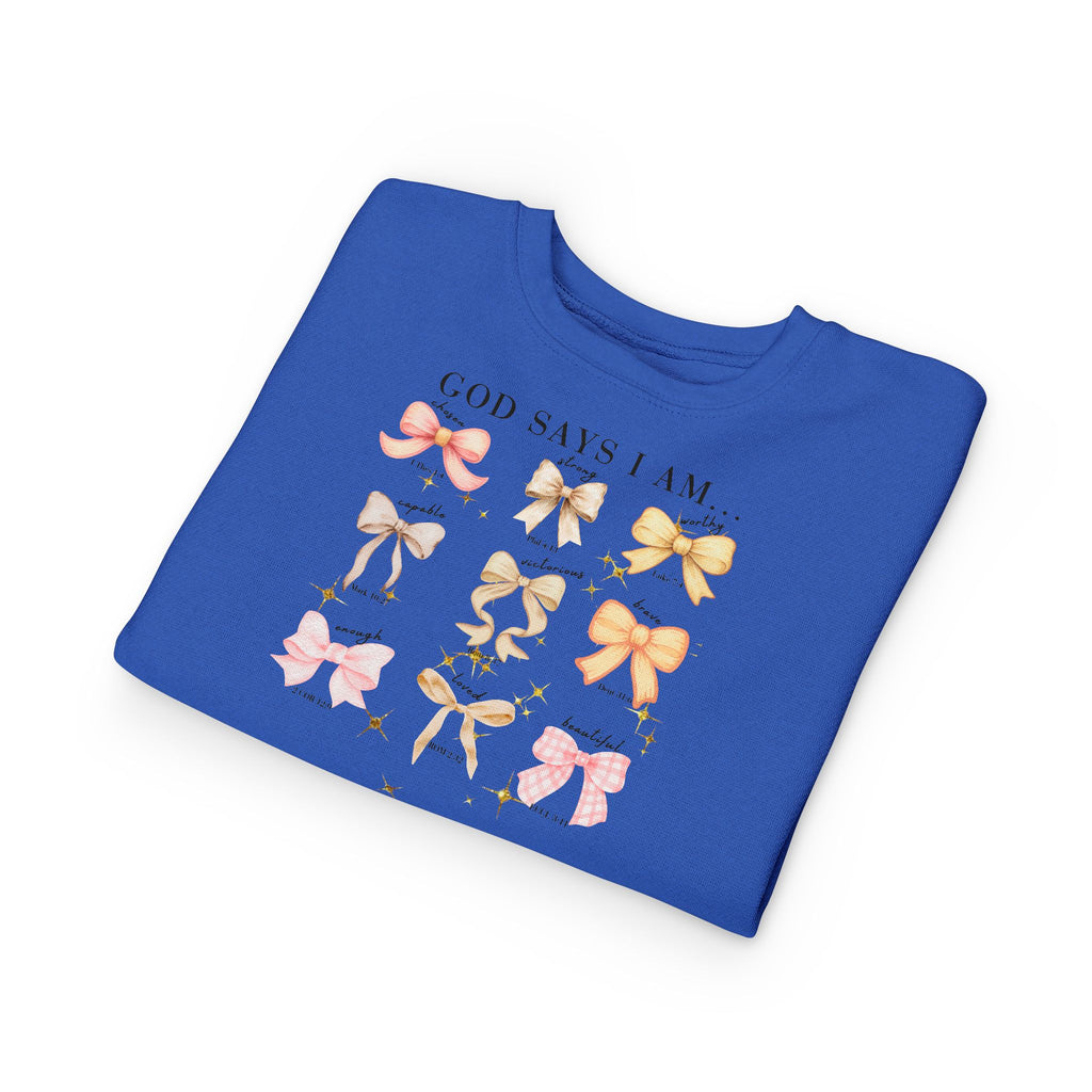 Toddler Sweatshirt — "God Says I Am" Bows Inspirational Kids Pullover