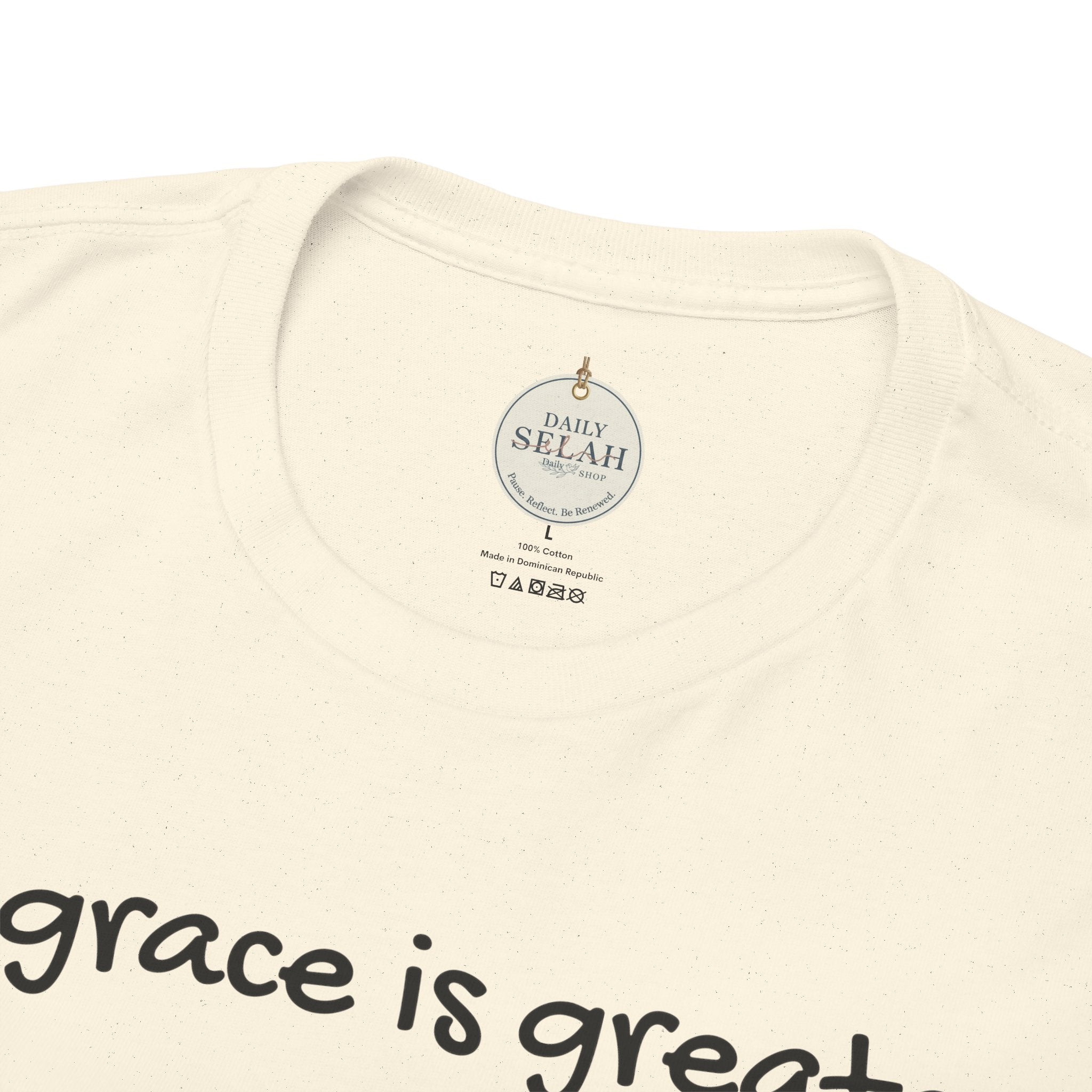 Christian T‑Shirt — "His grace is greater than your past." (Romans 5:20)
