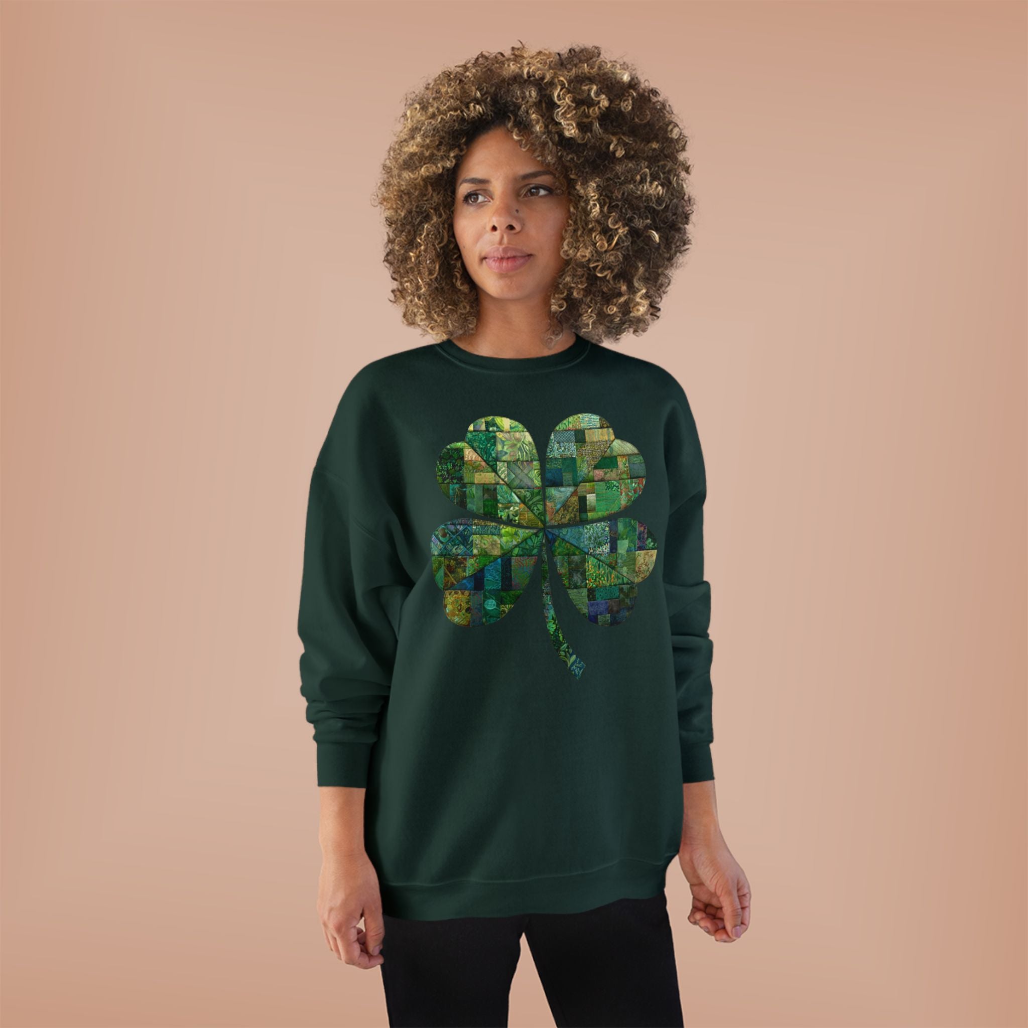 Green Mosaic Shamrock Crewneck Sweatshirt — St. Patrick’s Day Clover Design