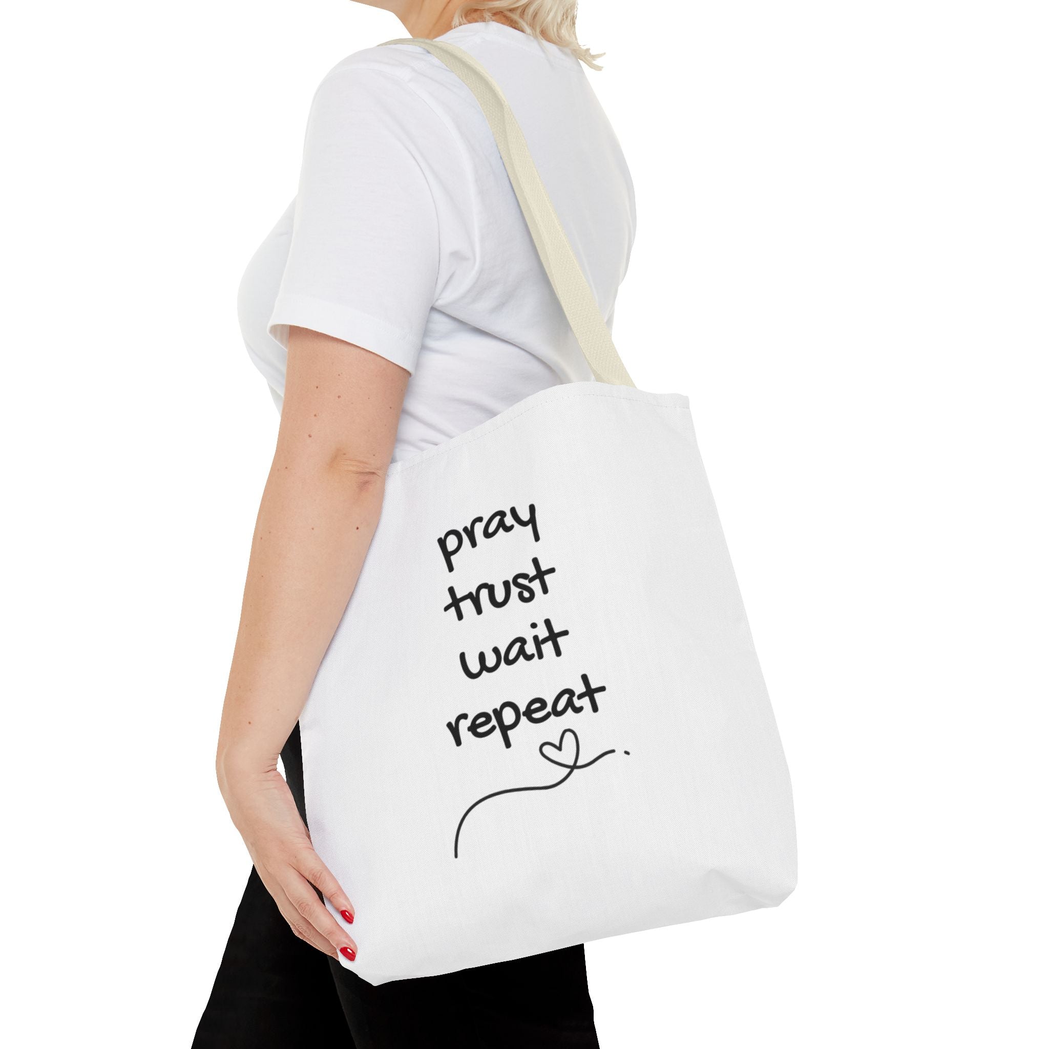 Pray Trust Wait Repeat Tote Bag — Inspirational Faith Canvas Tote