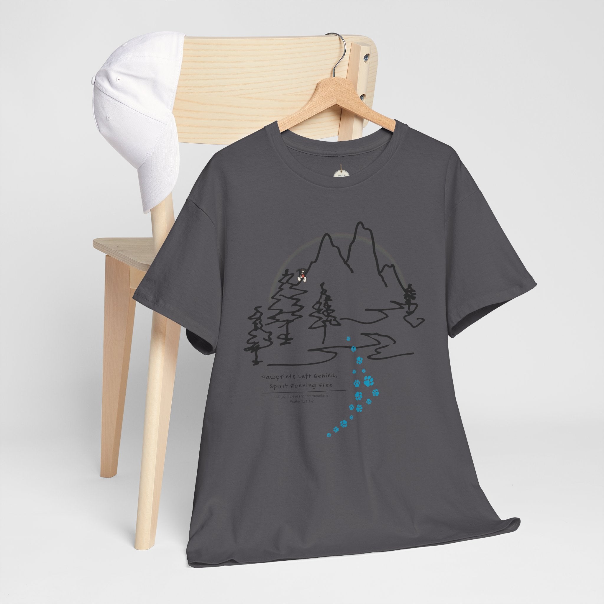 Rainbow Bridge T‑Shirt — Minimal Line Art Nature Tee with 'Follow the Dog Prints' Design Psalms 121