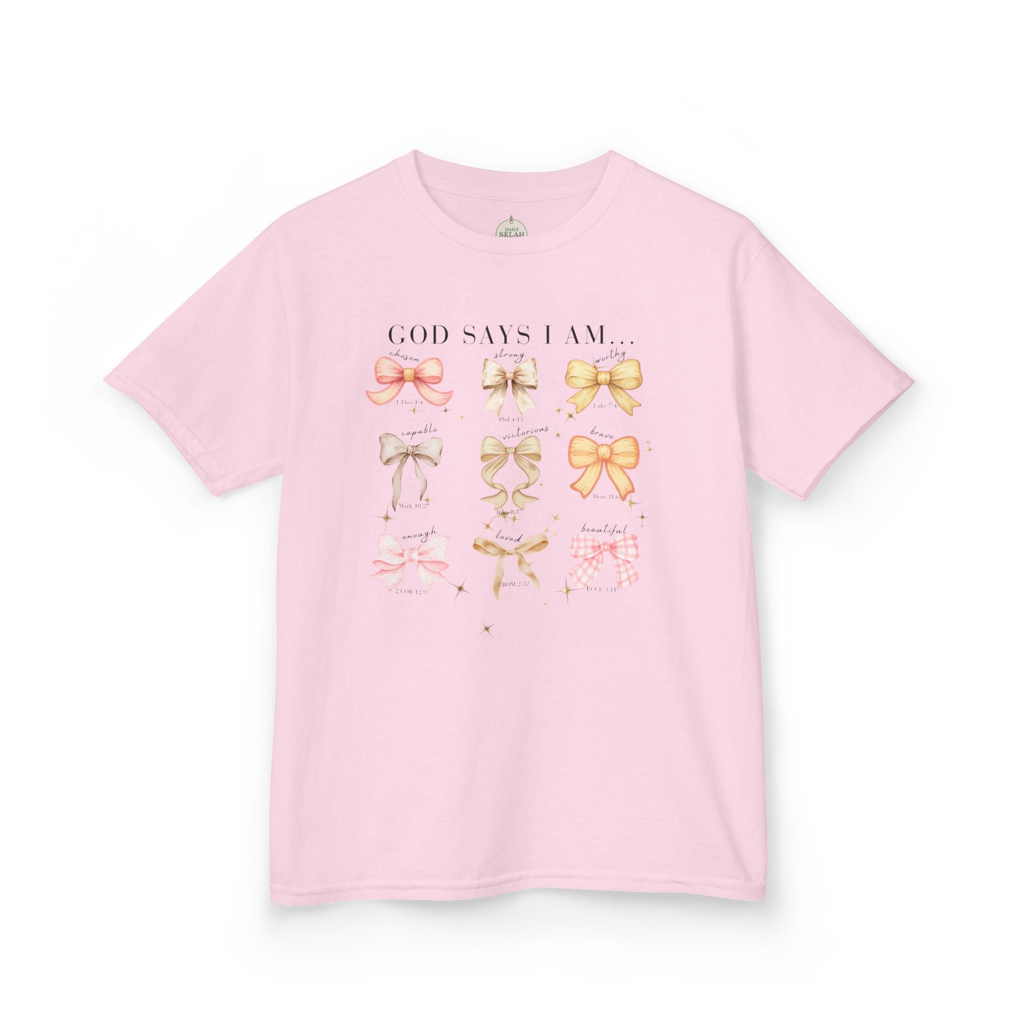 Kids Tee — 'God Says I Am' Pastel Bow Graphic
