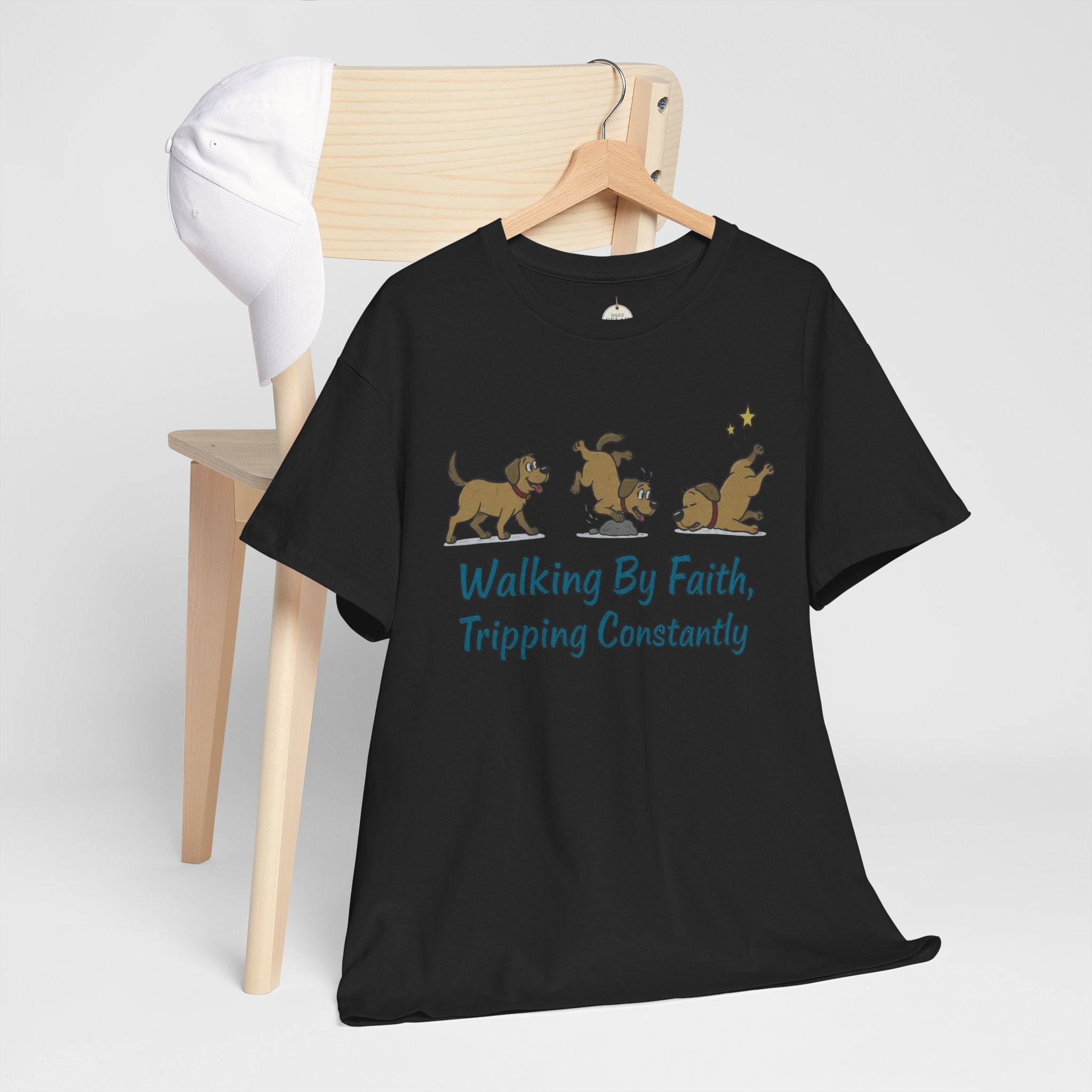 Faith Dog T-Shirt — "Walking By Faith, Tripping Constantly" Cute Christian Tee