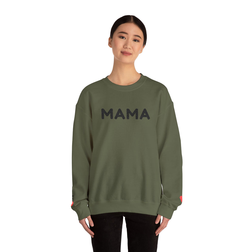 Embroidered - Personalized - Mama Crewneck Sweatshirt — Cozy Mother's Day Pullover with Heart Sleeve Detail