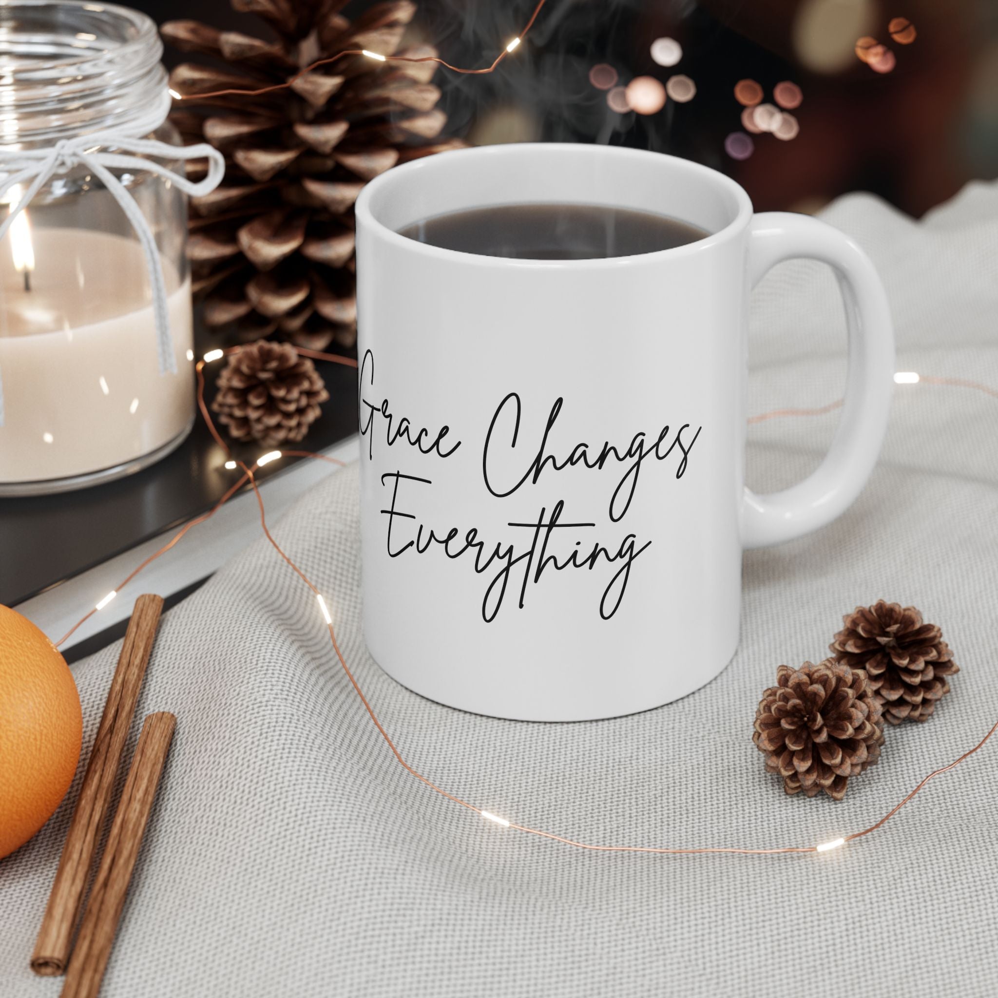 Grace Changes Everything Ceramic Mug — Faith Inspirational Script Coffee Cup (11oz, 15oz)